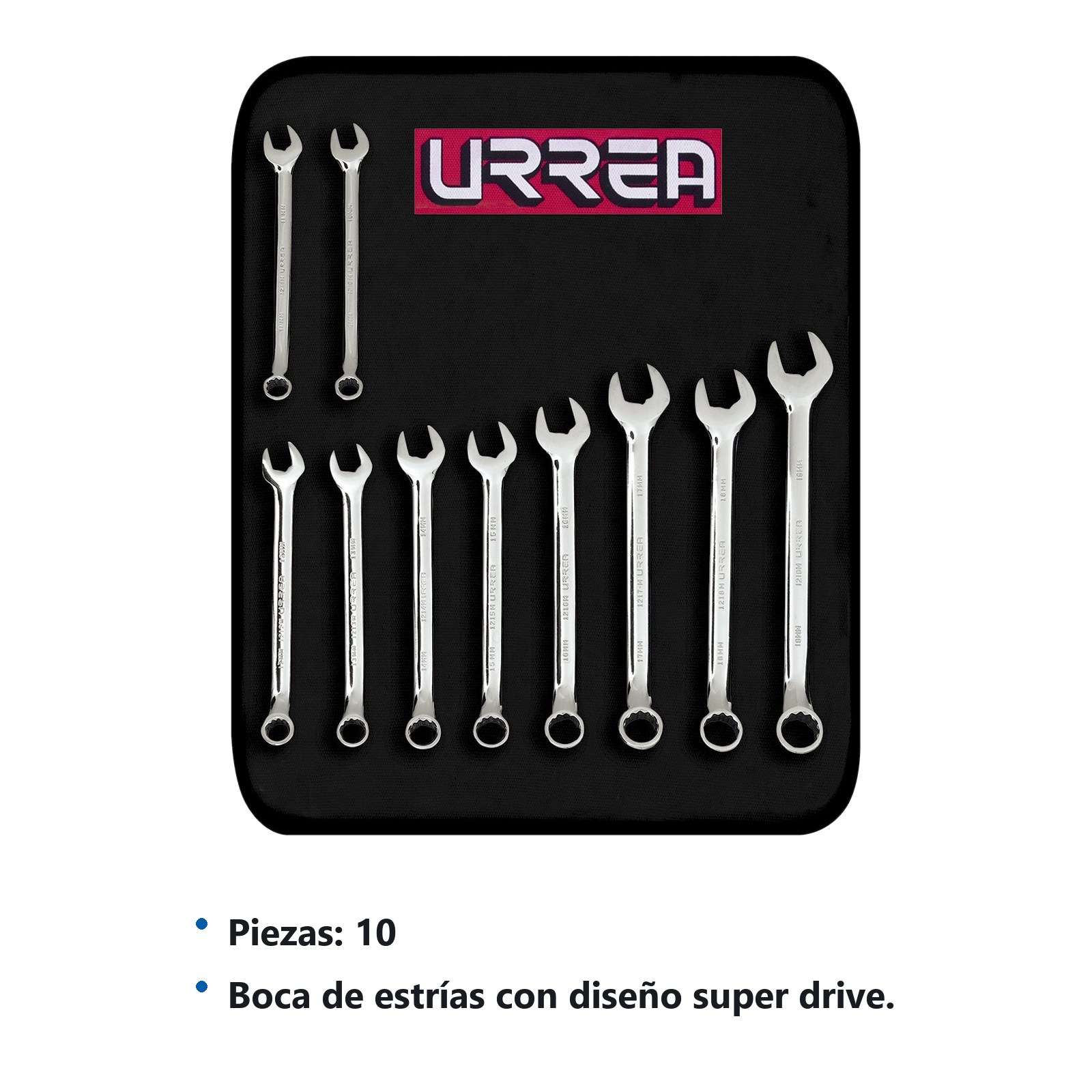 Juego de llaves combinadas pulido espejo métricas, 12 puntas, 10 piezas en estuche Urrea - Imagen 3