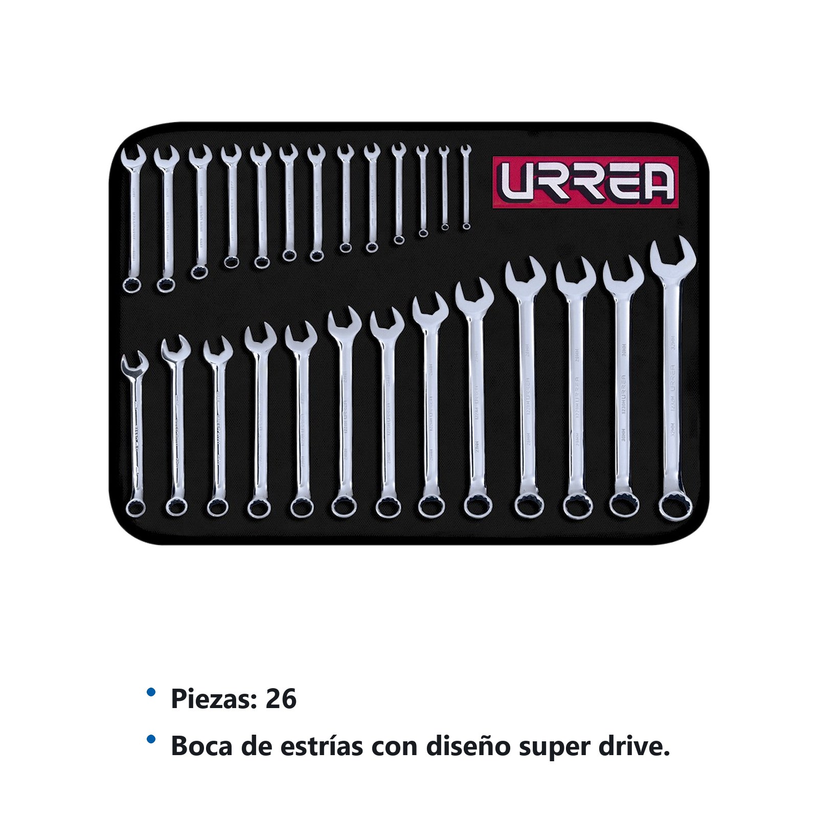 Juego de llaves combinadas pulido espejo métricas, 12 puntas, 26 piezas en estuche Urrea - Imagen 3