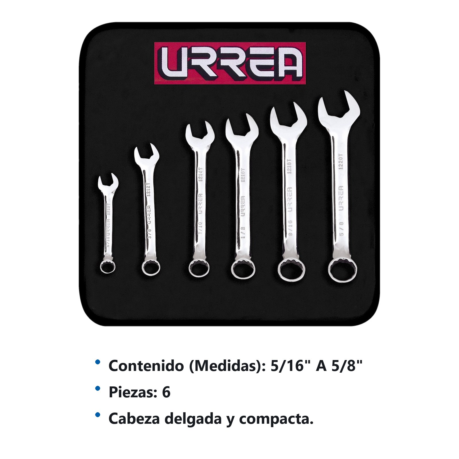 Juego de llaves combinadas cortas pulido espejo en pulgadas, 12 puntas, 6 pz en estuche Urrea - Imagen 3