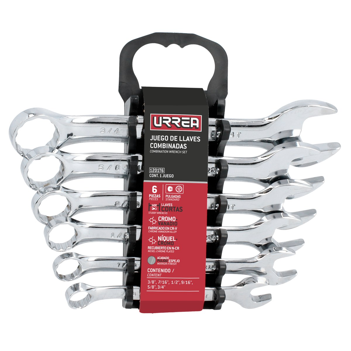 Juego de llaves combinadas cortas pulido espejo en pulgadas, 12 puntas, 6 pz en rack Urrea - Imagen 2