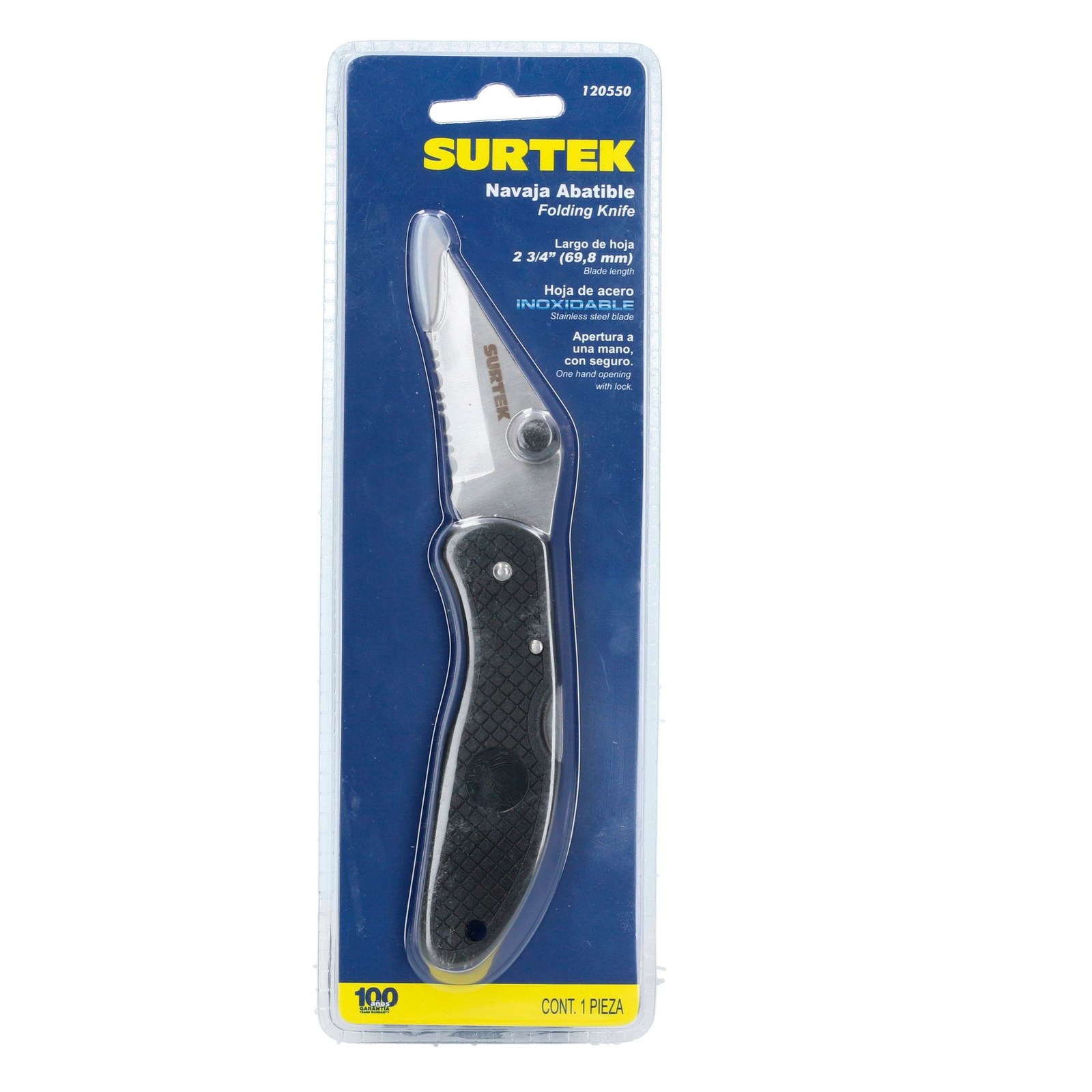 Navaja abatible de acero inoxidable con mango de plástico hoja dentada de 2-3/4" Surtek - Imagen 2