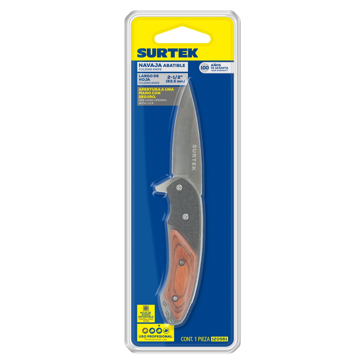 Navaja abatible de acero inoxidable con mango de madera Surtek - Imagen 2
