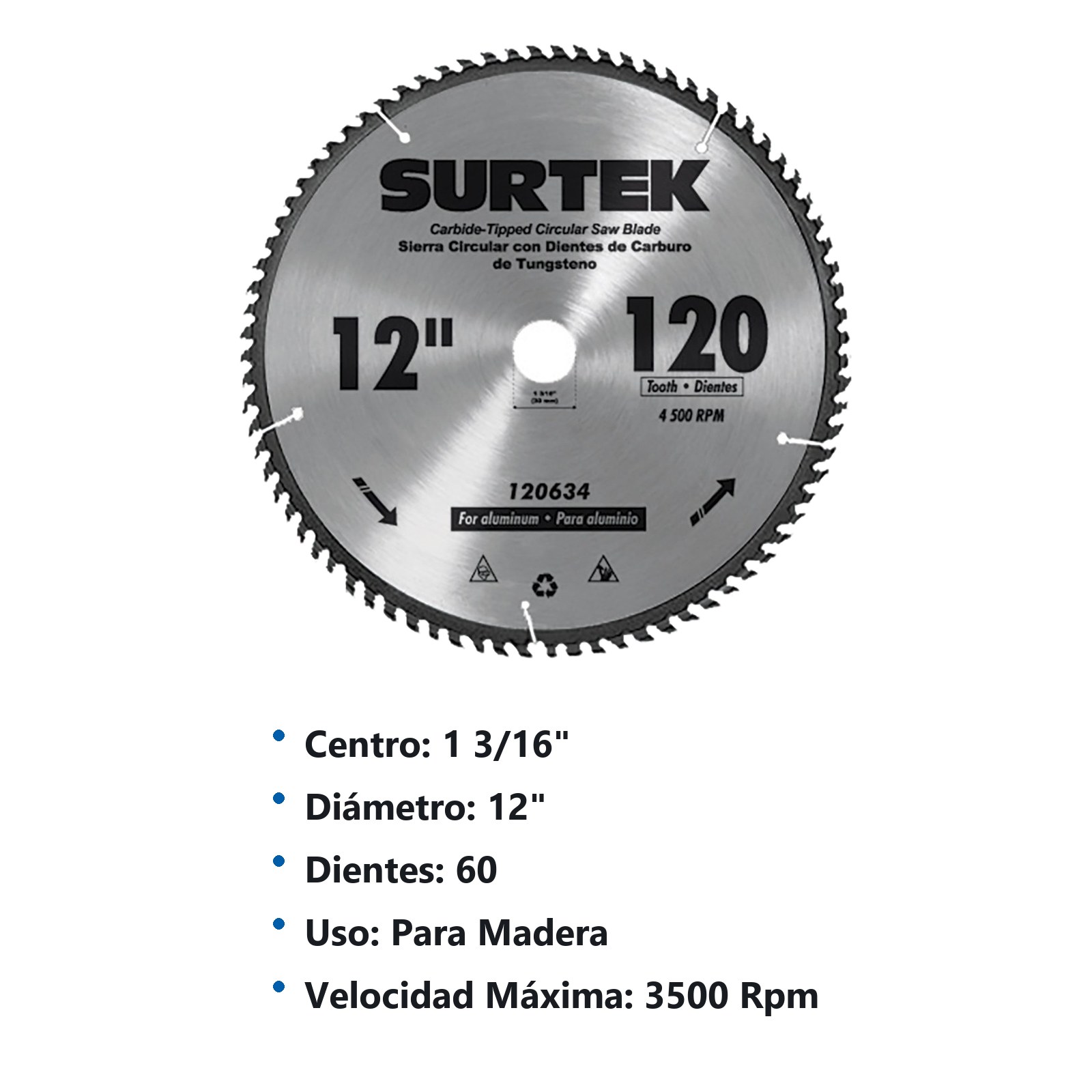 Disco para sierra circular para corte madera 60 dientes, 12" Surtek - Imagen 2