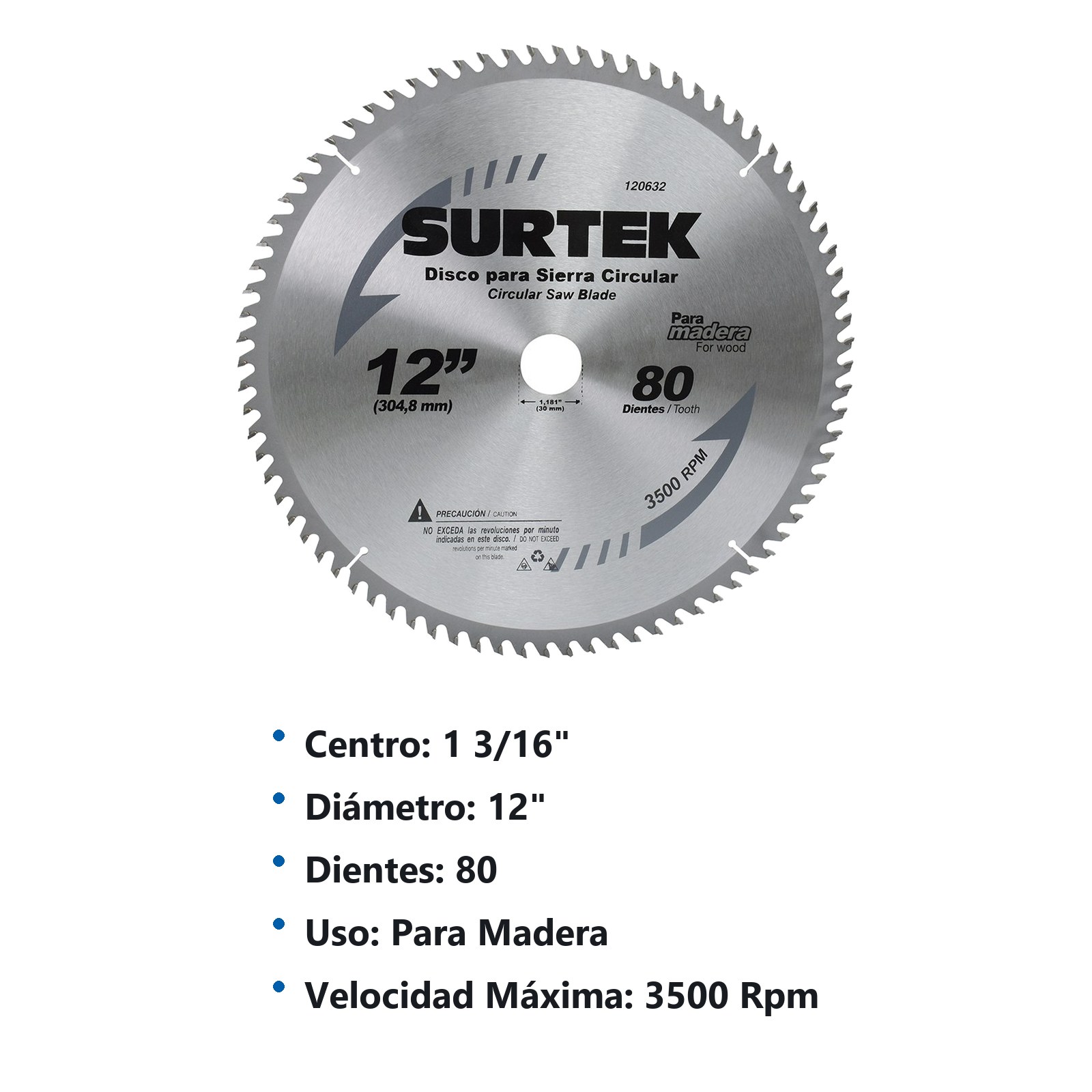 Disco para sierra circular para corte madera 80 dientes, 12" Surtek - Imagen 2
