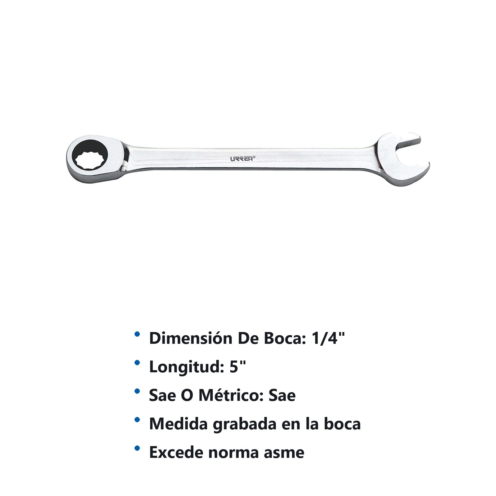 Llave combinada pulido espejo de matraca en pulgadas, 12 puntas, 1/4" Urrea - Imagen 2