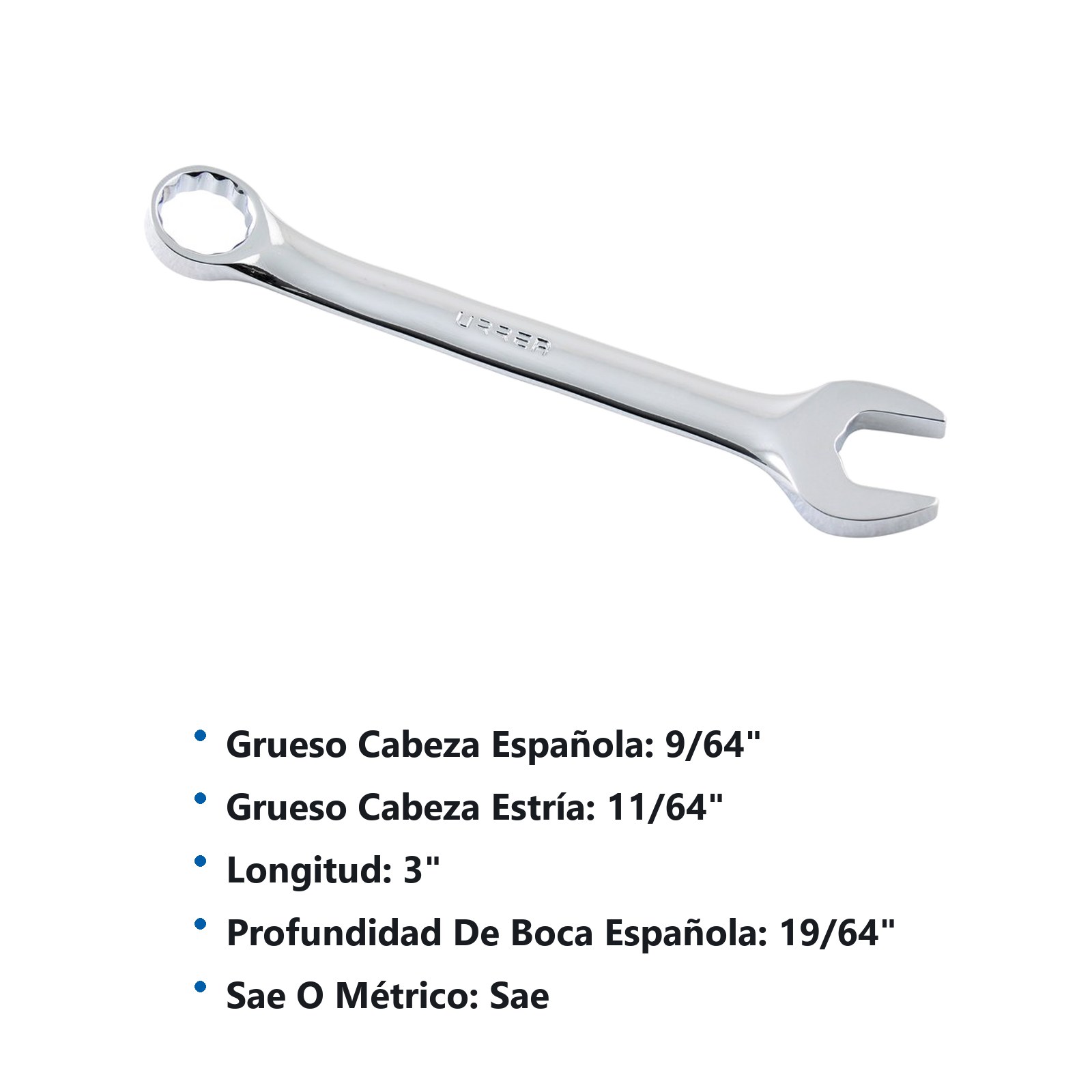 Llave combinada corta pulido espejo en pulgadas, 12 puntas, 1/4" Urrea - Imagen 3