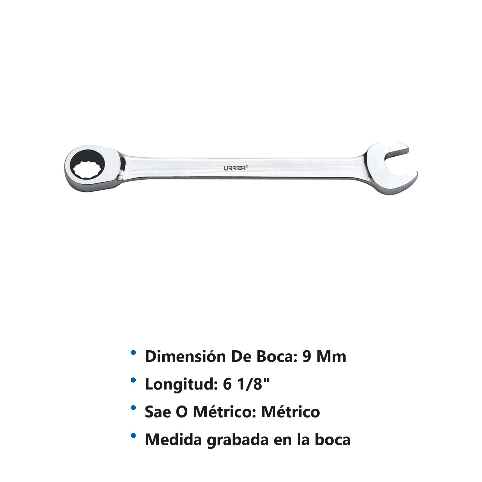 Llave combinada pulido espejo de matraca métrica, 12 puntas, 9 mm Urrea - Imagen 2