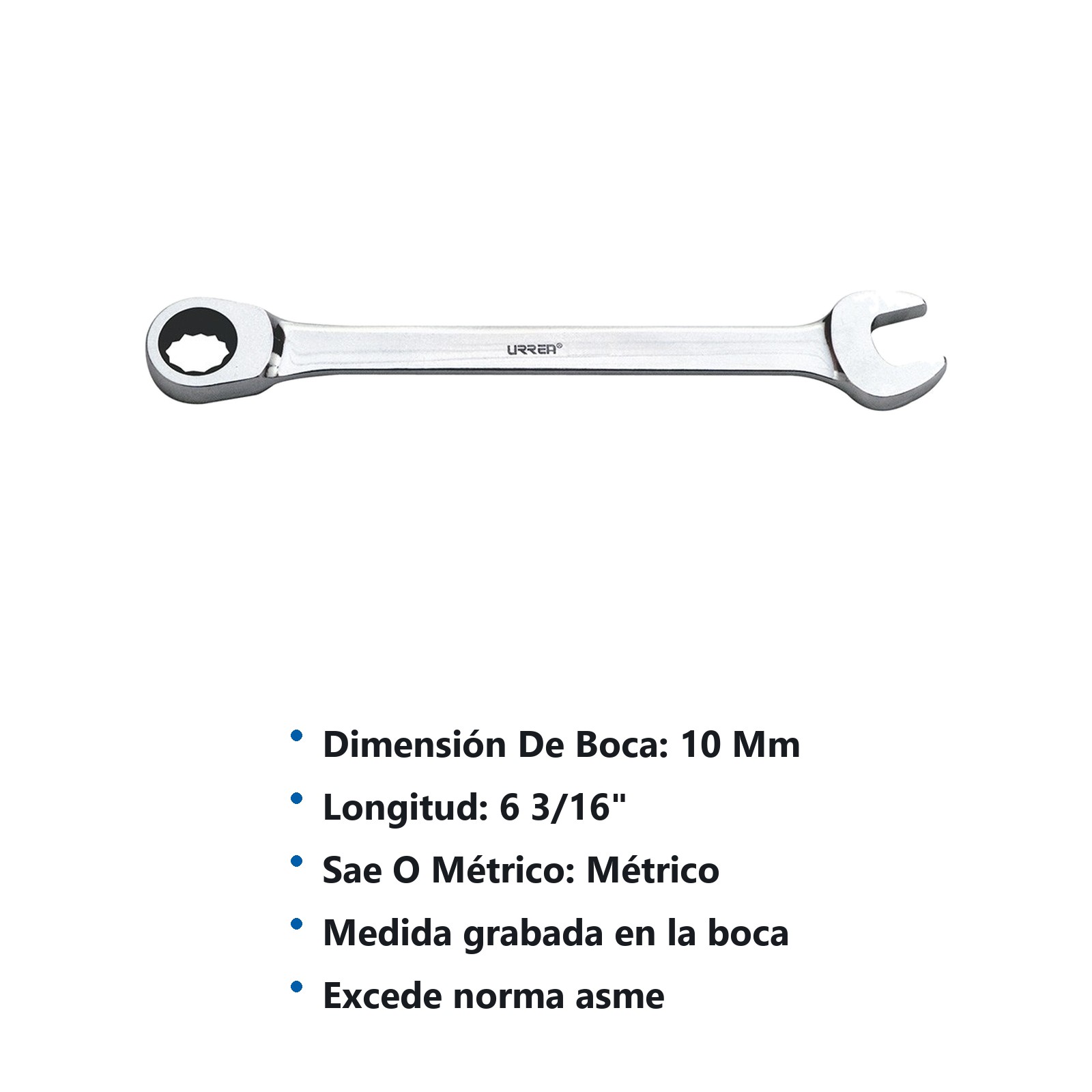 Llave combinada pulido espejo de matraca métrica, 12 puntas, 10 mm Urrea - Imagen 3