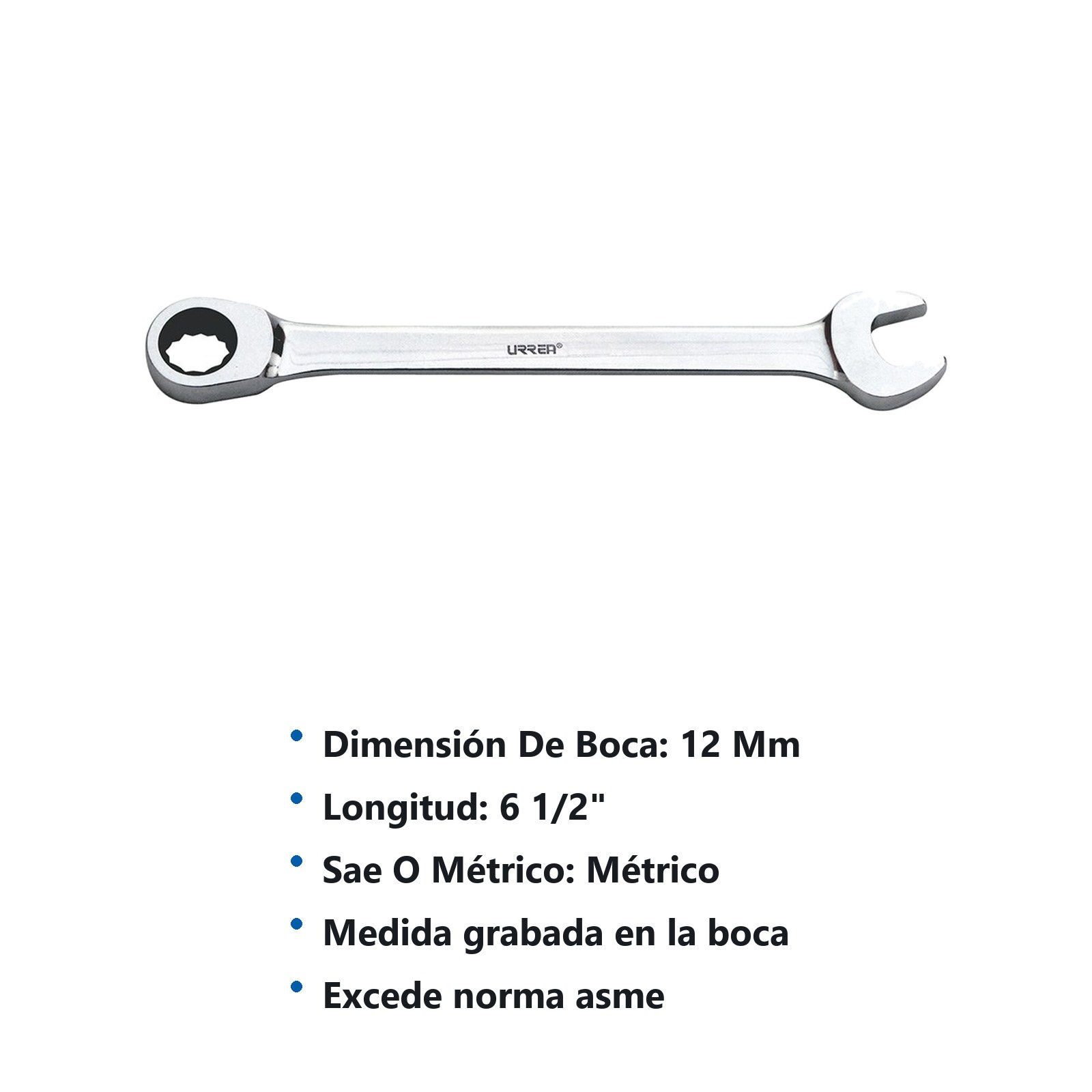 Llave combinada pulido espejo de matraca métrica, 12 puntas, 12 mm Urrea - Imagen 2