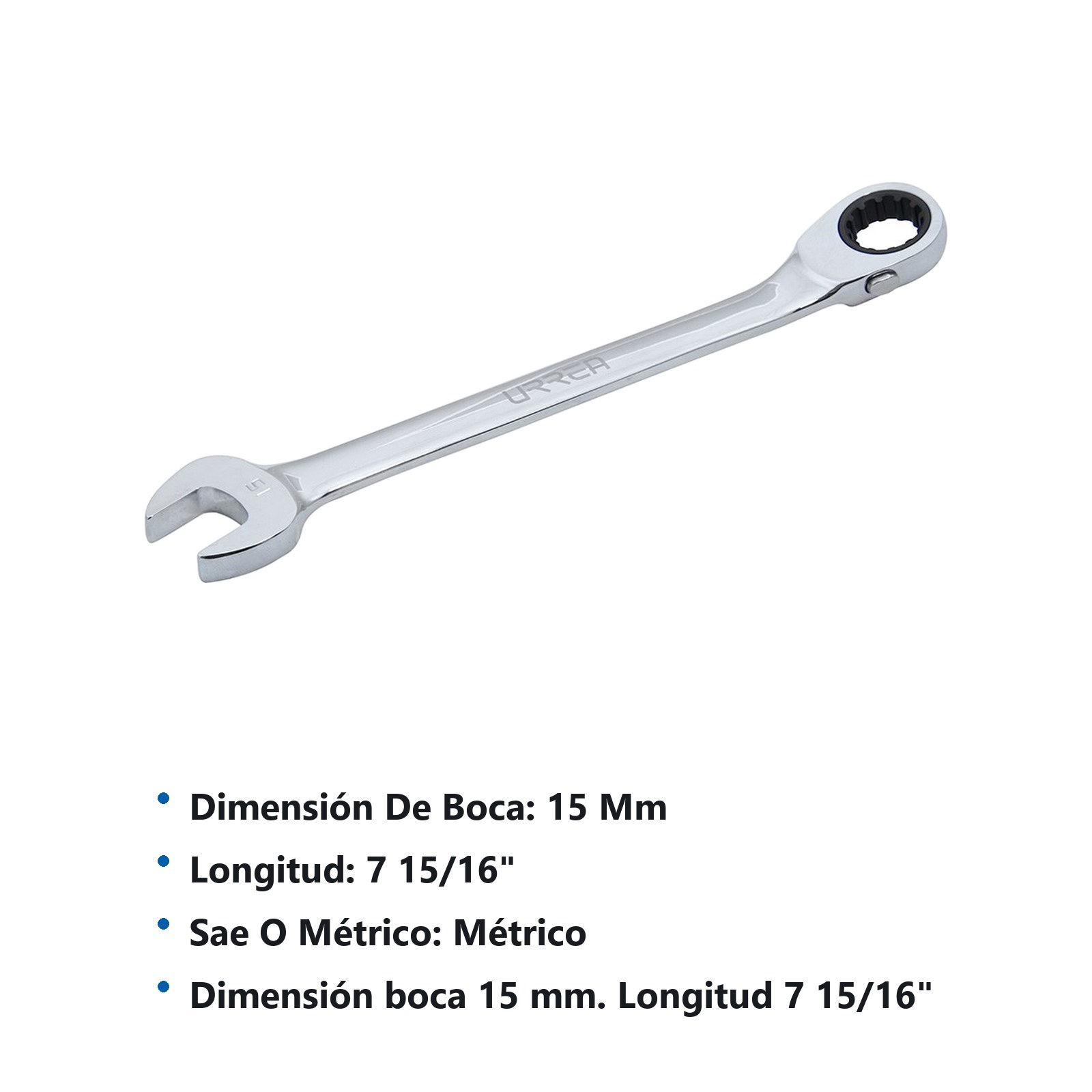 Llave combinada pulido espejo de matraca spline reversible métrica, 15 mm Urrea - Imagen 2
