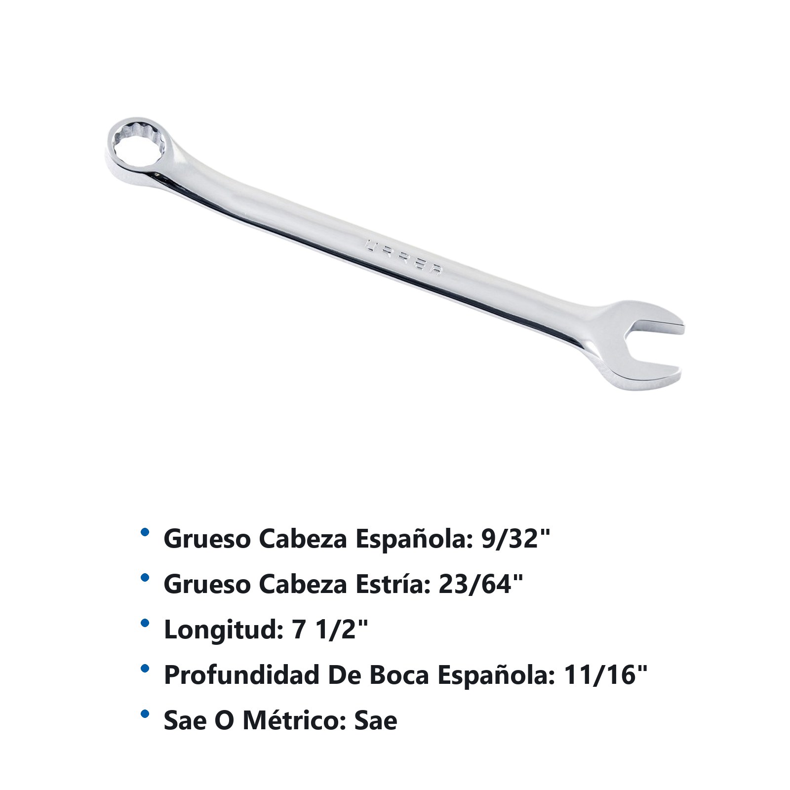 Llave combinada pulido espejo en pulgadas, 12 puntas, 9/16" Urrea - Imagen 3