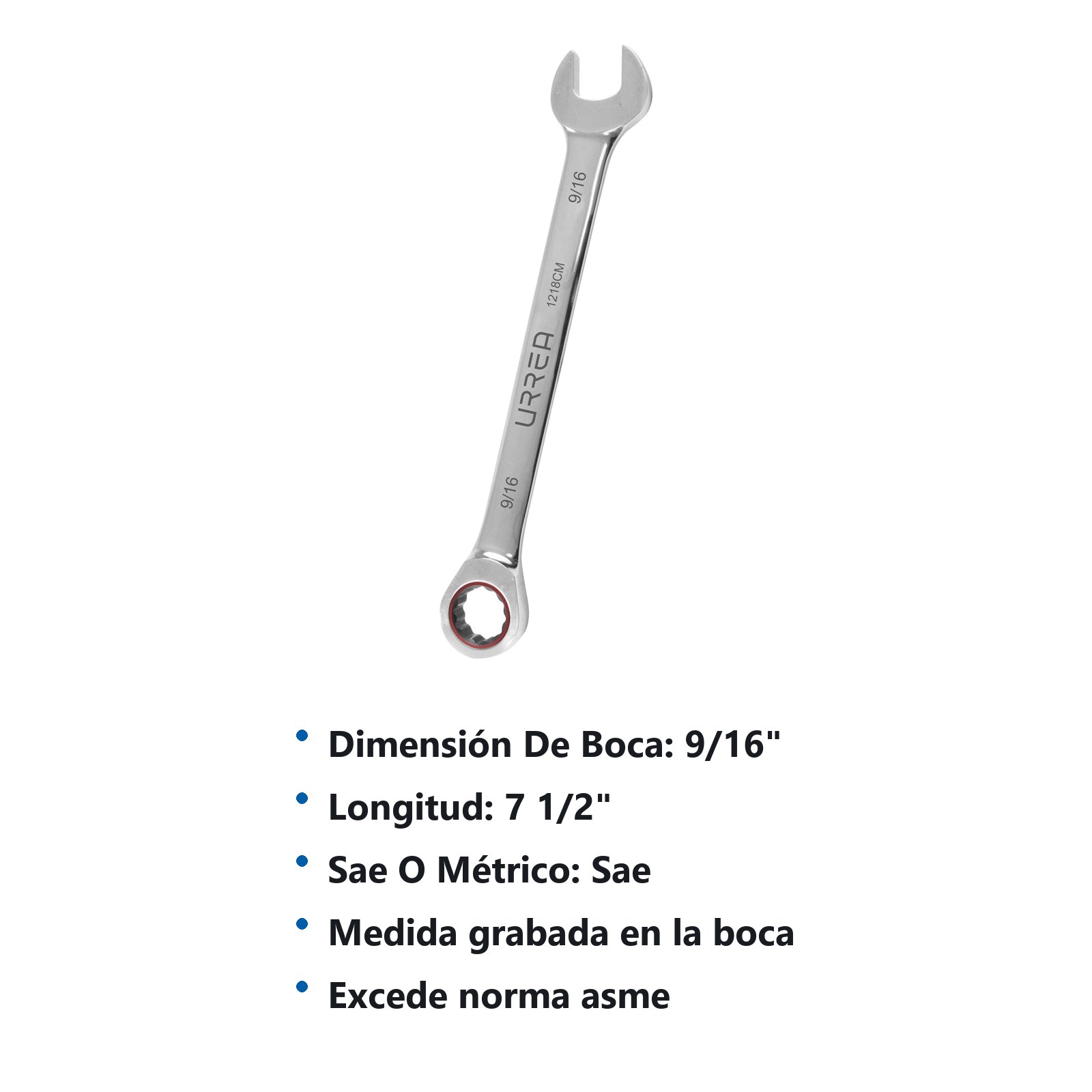 Llave combinada pulido espejo de matraca en pulgadas, 12 puntas, 9/16" Urrea - Imagen 3