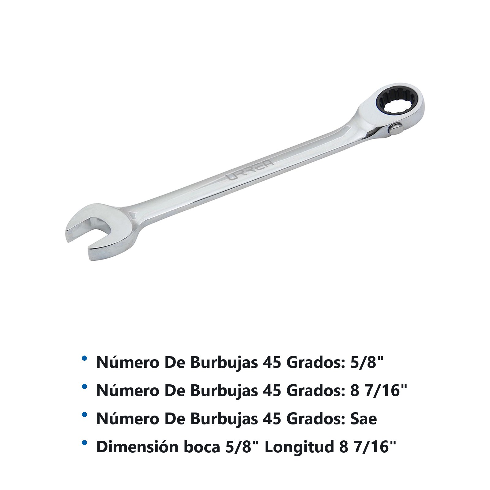 Llave combinada pulido espejo de matraca spline reversible en pulgadas, 5/8" Urrea - Imagen 2