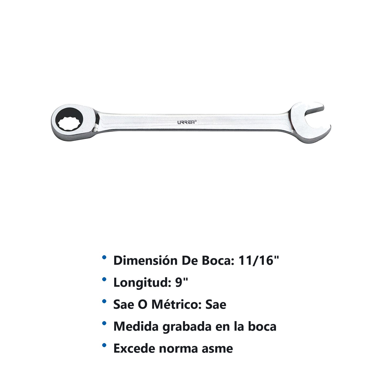 Llave combinada pulido espejo de matraca en pulgadas, 12 puntas, 11/16" Urrea - Imagen 2
