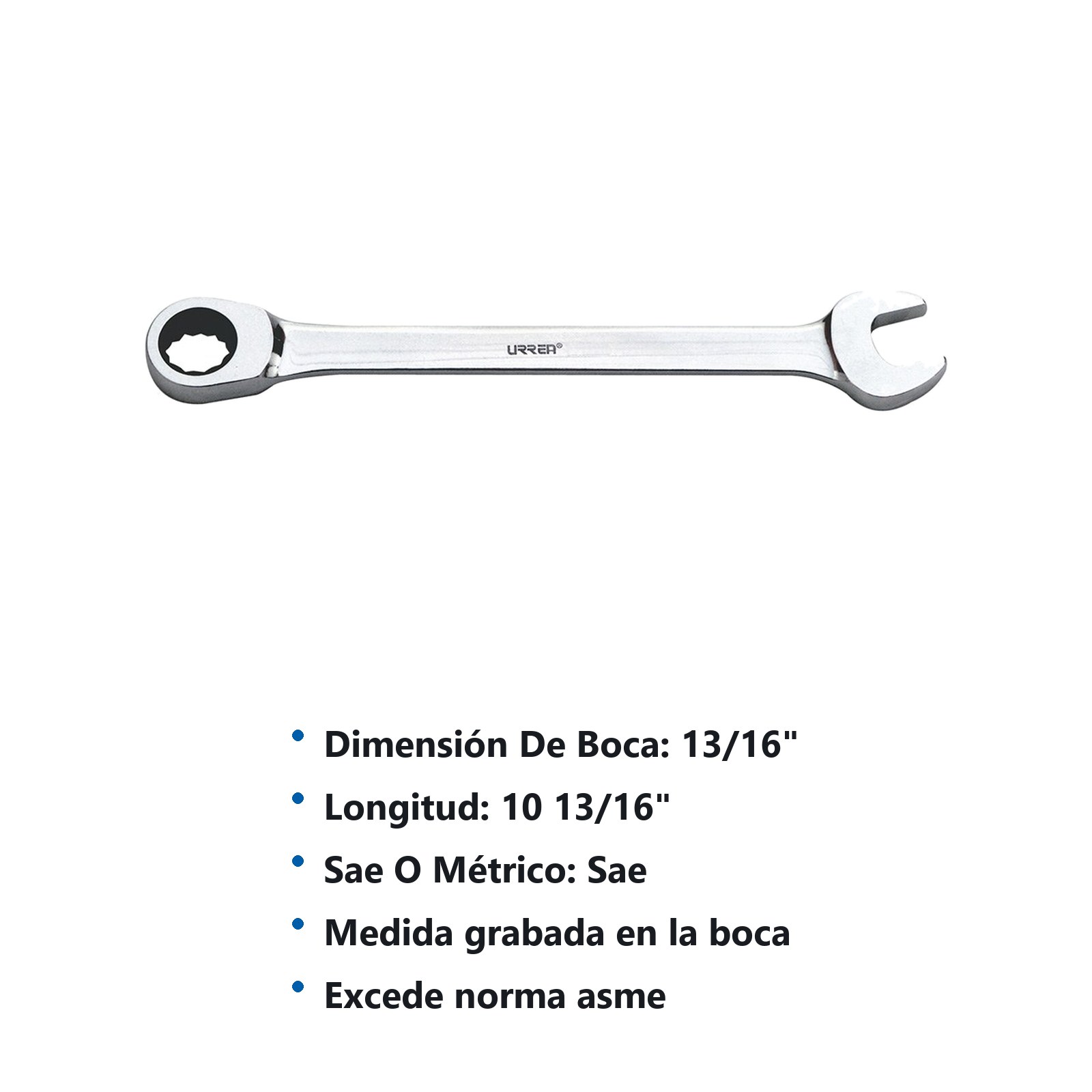 Llave combinada pulido espejo de matraca en pulgadas, 12 puntas, 13/16" Urrea - Imagen 2