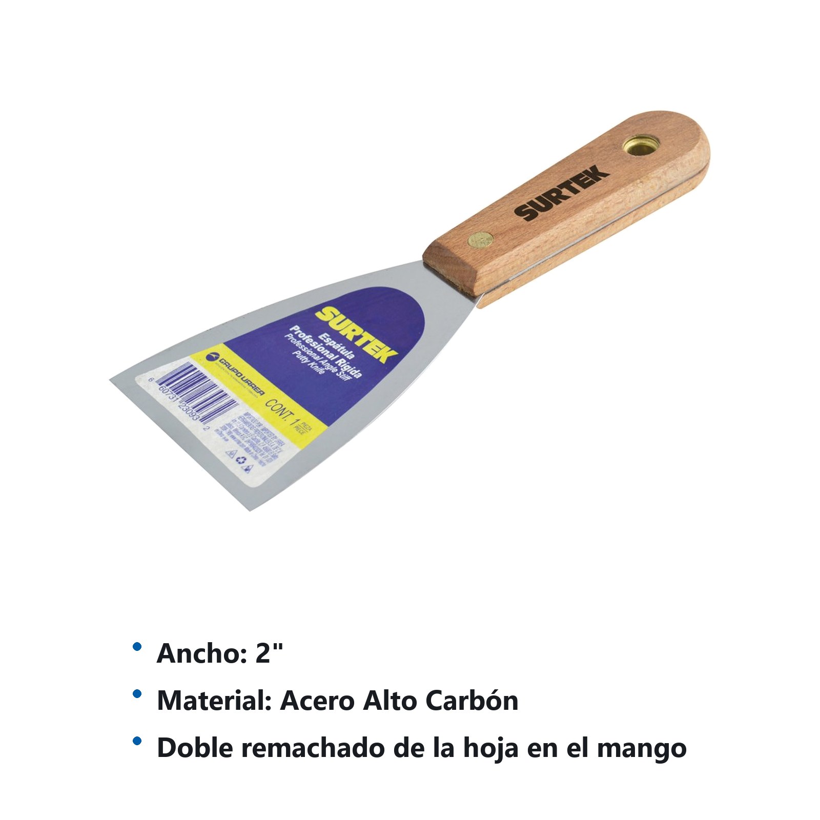 Espátula rígida de acero de alto carbón con mango de madera 2" Surtek - Imagen 3