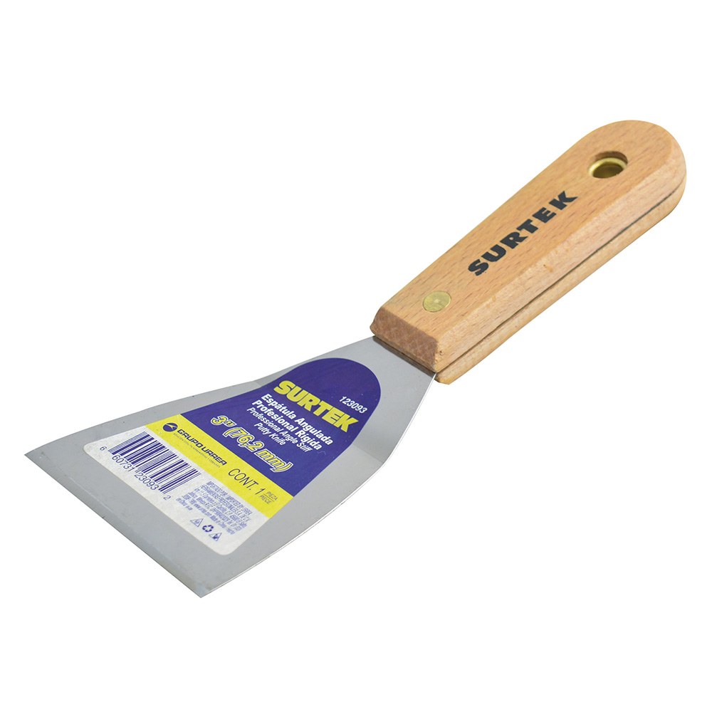 Espátula rígida angulada de acero de alto carbón con mango de madera 3" Surtek
