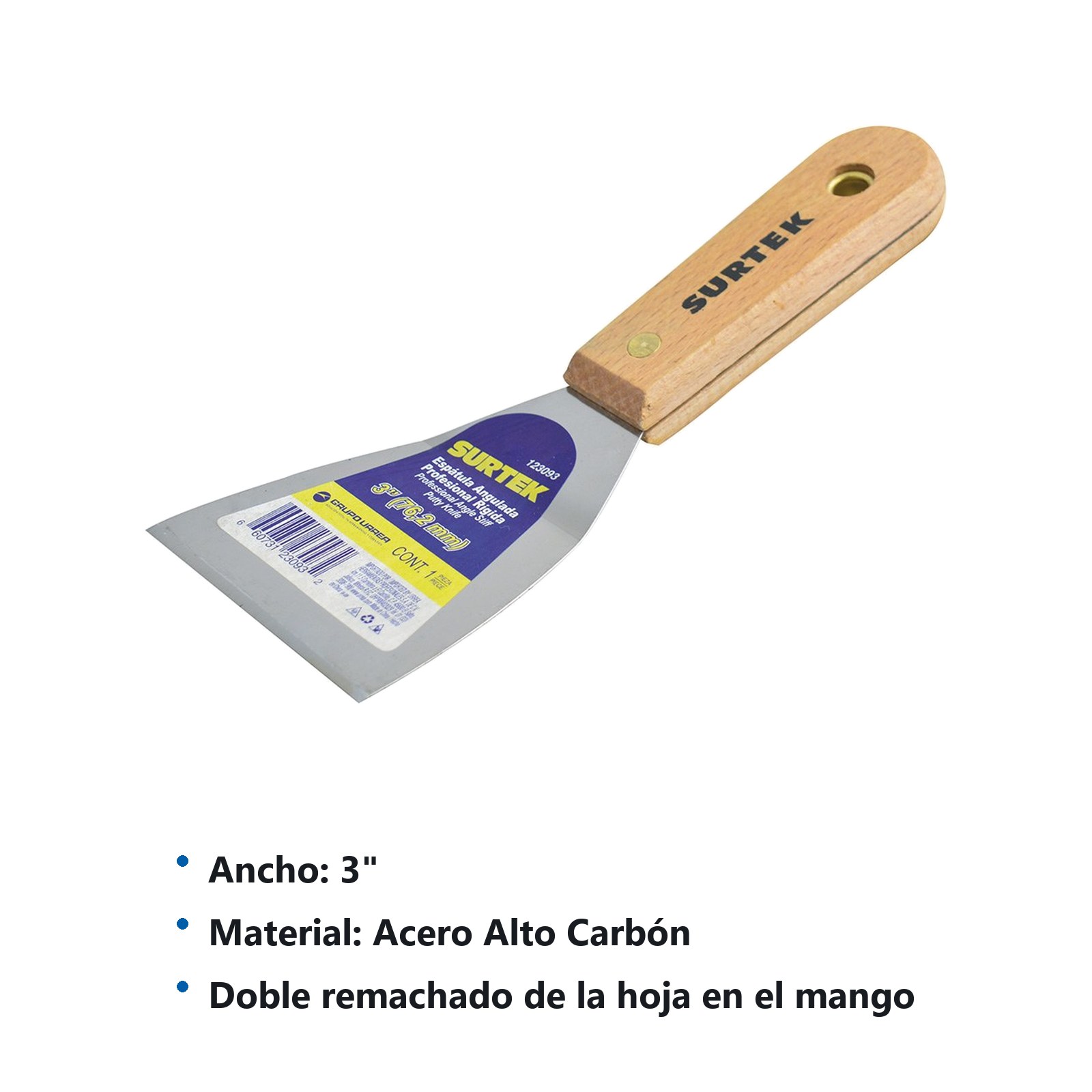 Espátula rígida angulada de acero de alto carbón con mango de madera 3" Surtek - Imagen 3