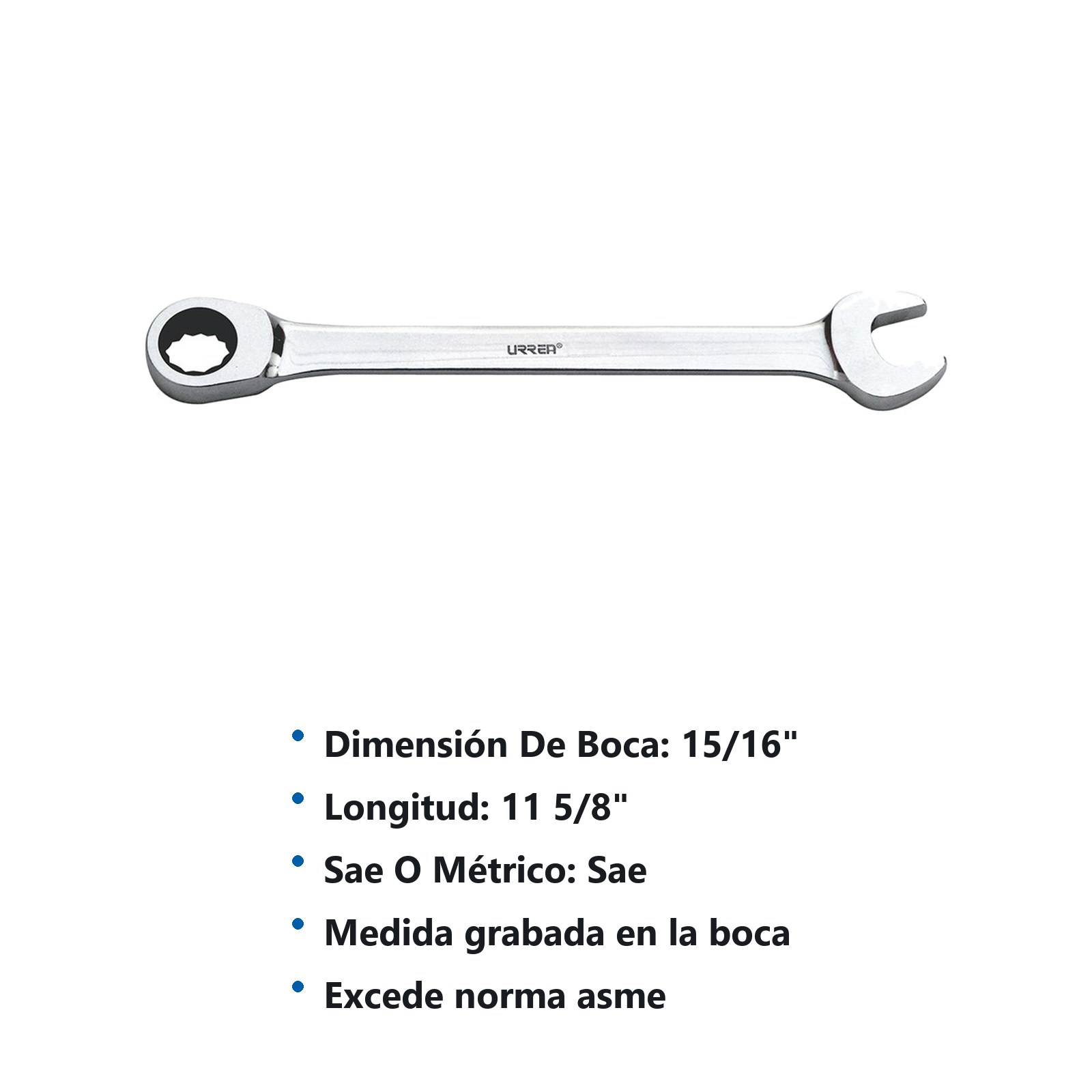 Llave combinada pulido espejo de matraca en pulgadas, 12 puntas, 15/16" Urrea - Imagen 2