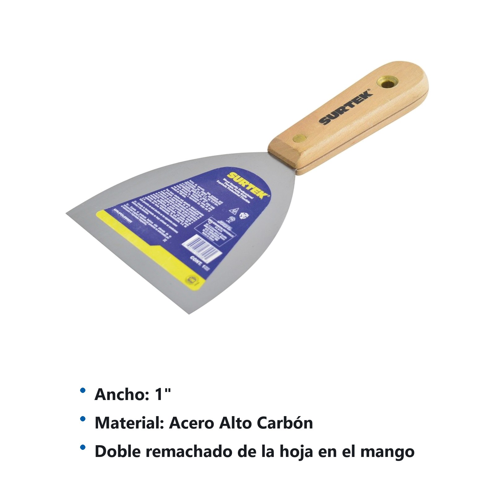 Espátula flexible de acero de alto carbón con mango de madera 1" Surtek - Imagen 3