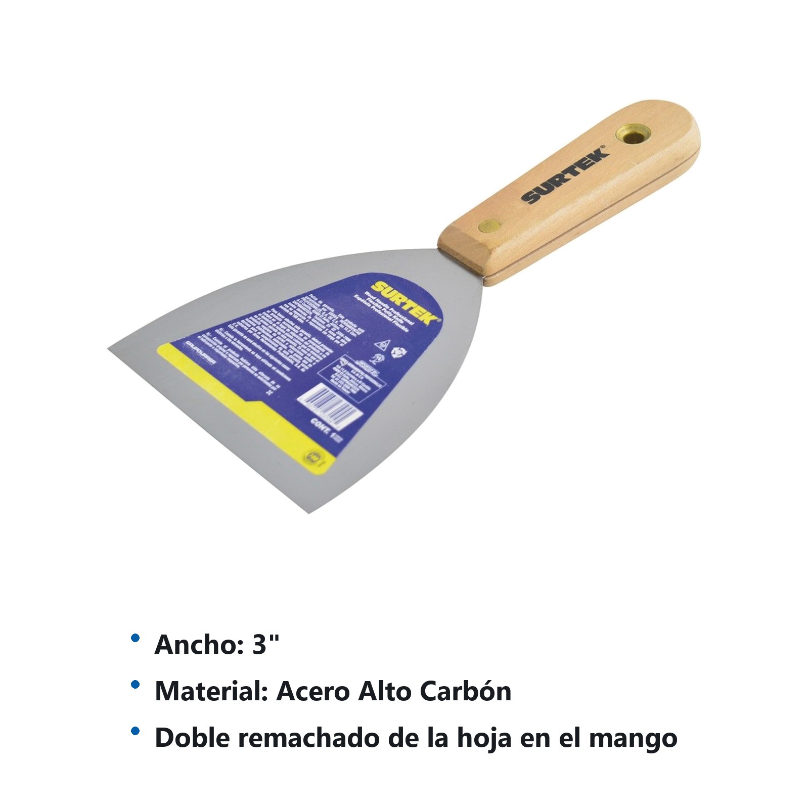 Espátula flexible de acero de alto carbón con mango de madera 3" Surtek - Imagen 3