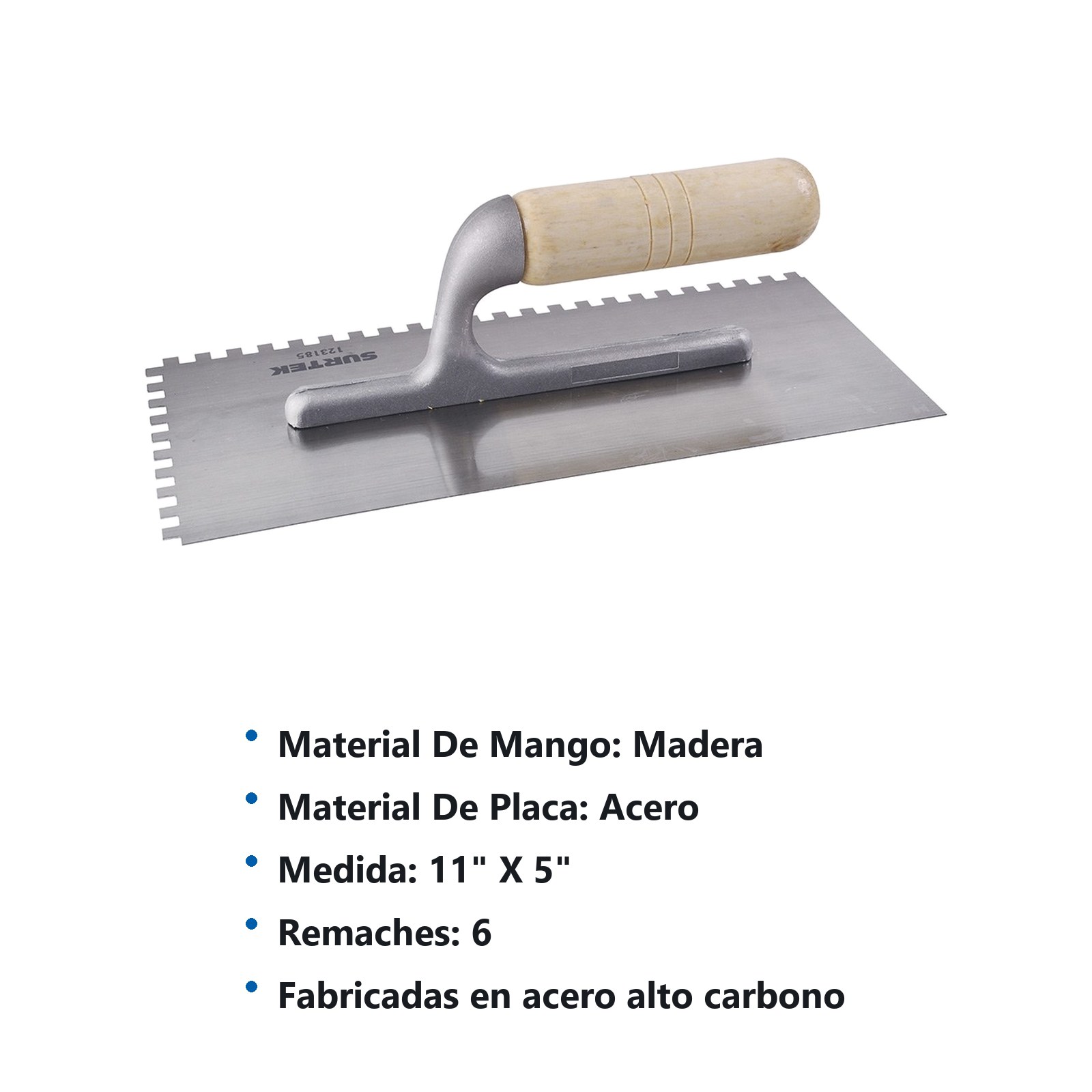 Llana dentada cuadrada de acero al alto carbón con mango de madera 6 remaches, 11" x 5" Surtek - Imagen 3