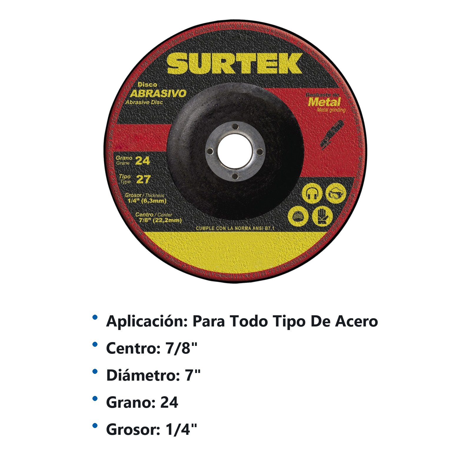 Disco abrasivo tipo 27 para metal 7" x 1/4" Surtek - Imagen 3