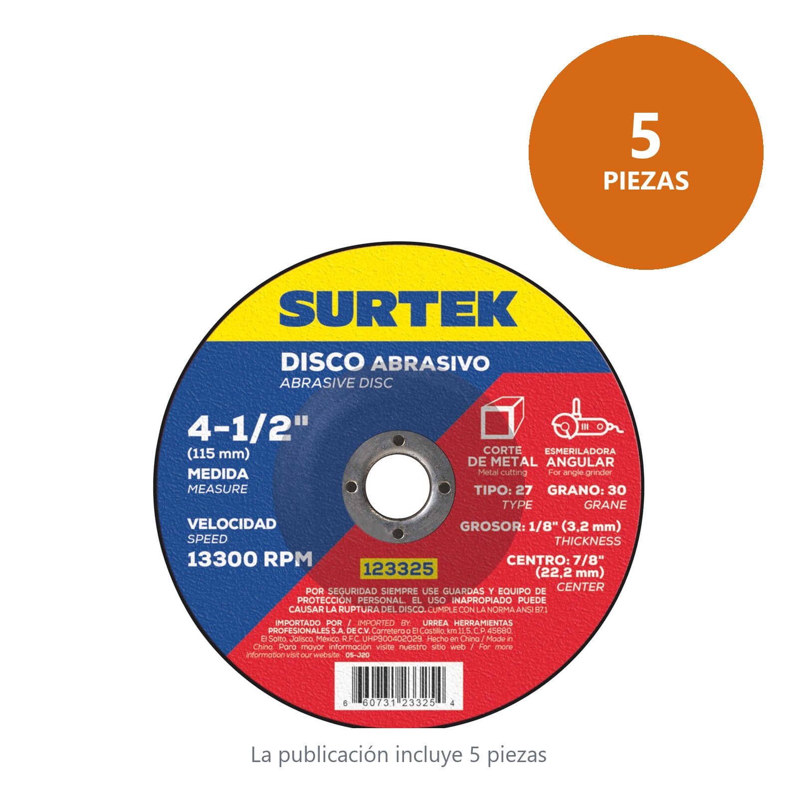 Disco abrasivo tipo 27 para metal 4-1/2" x 1/8" Surtek - Imagen 2