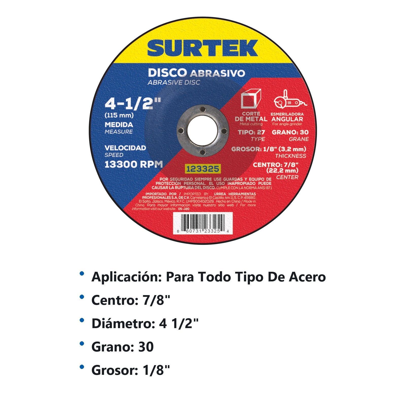 Disco abrasivo tipo 27 para metal 4-1/2" x 1/8" Surtek - Imagen 3