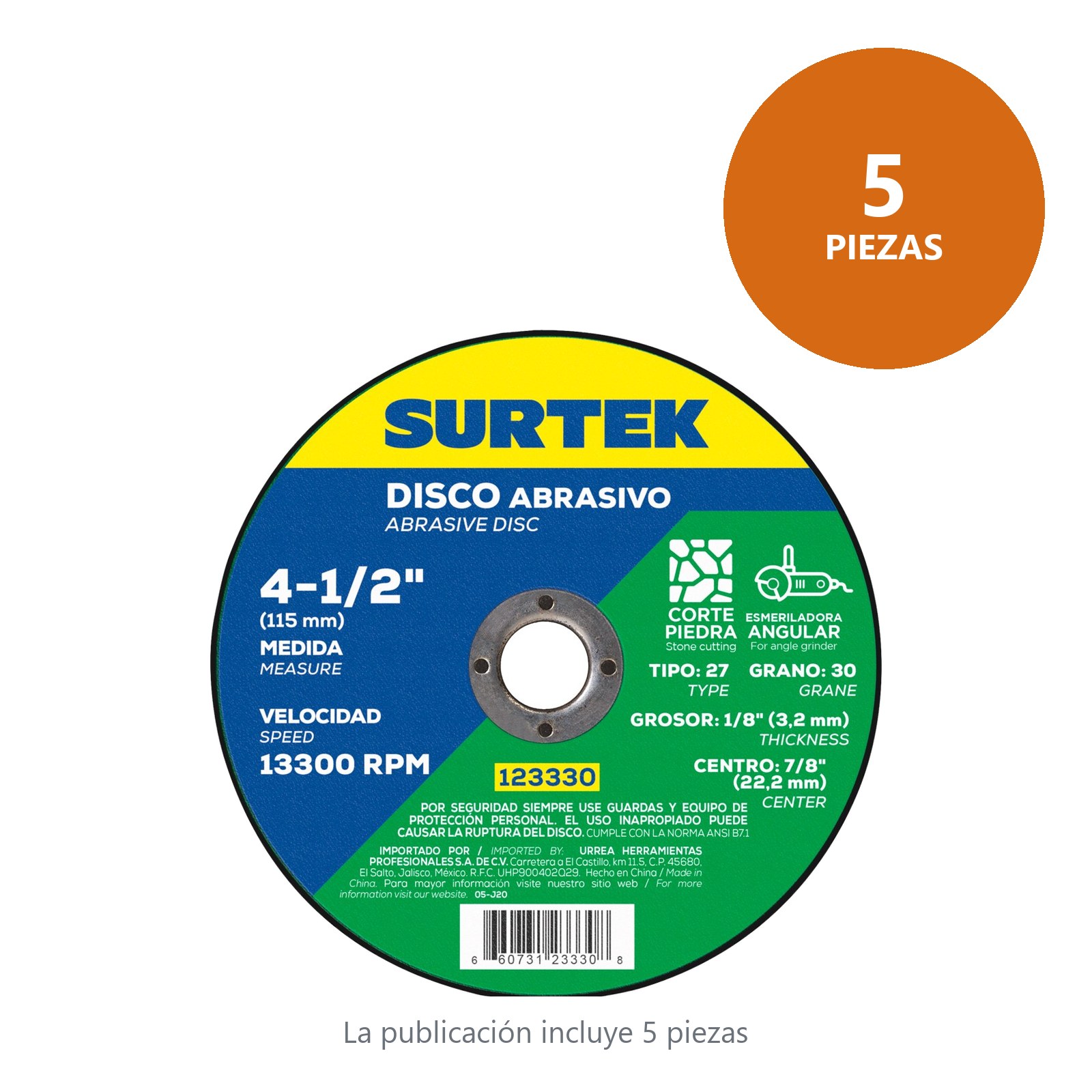 Disco abrasivo tipo 27 para piedra 4-1/2" x 1/8" Surtek - Imagen 2