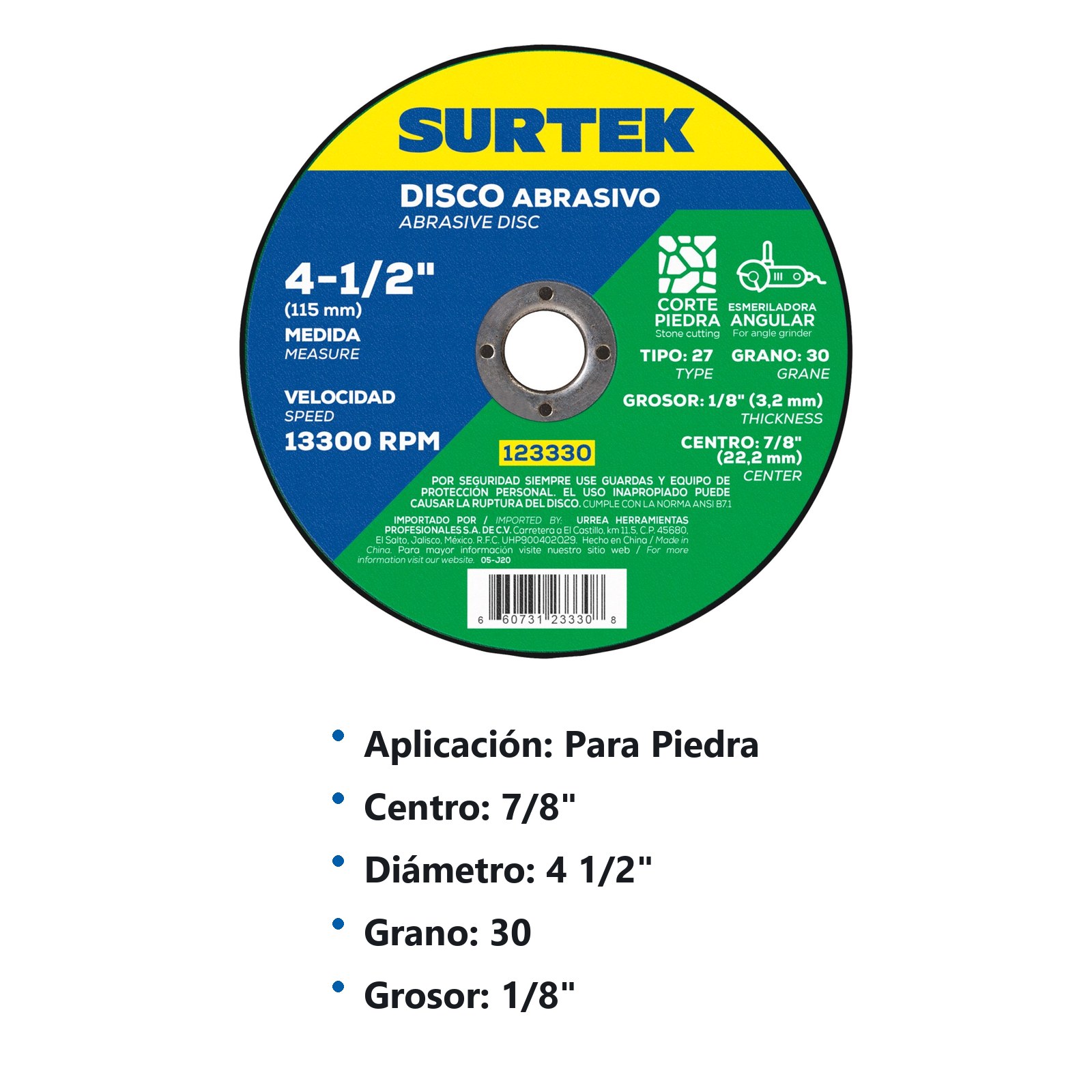 Disco abrasivo tipo 27 para piedra 4-1/2" x 1/8" Surtek - Imagen 3