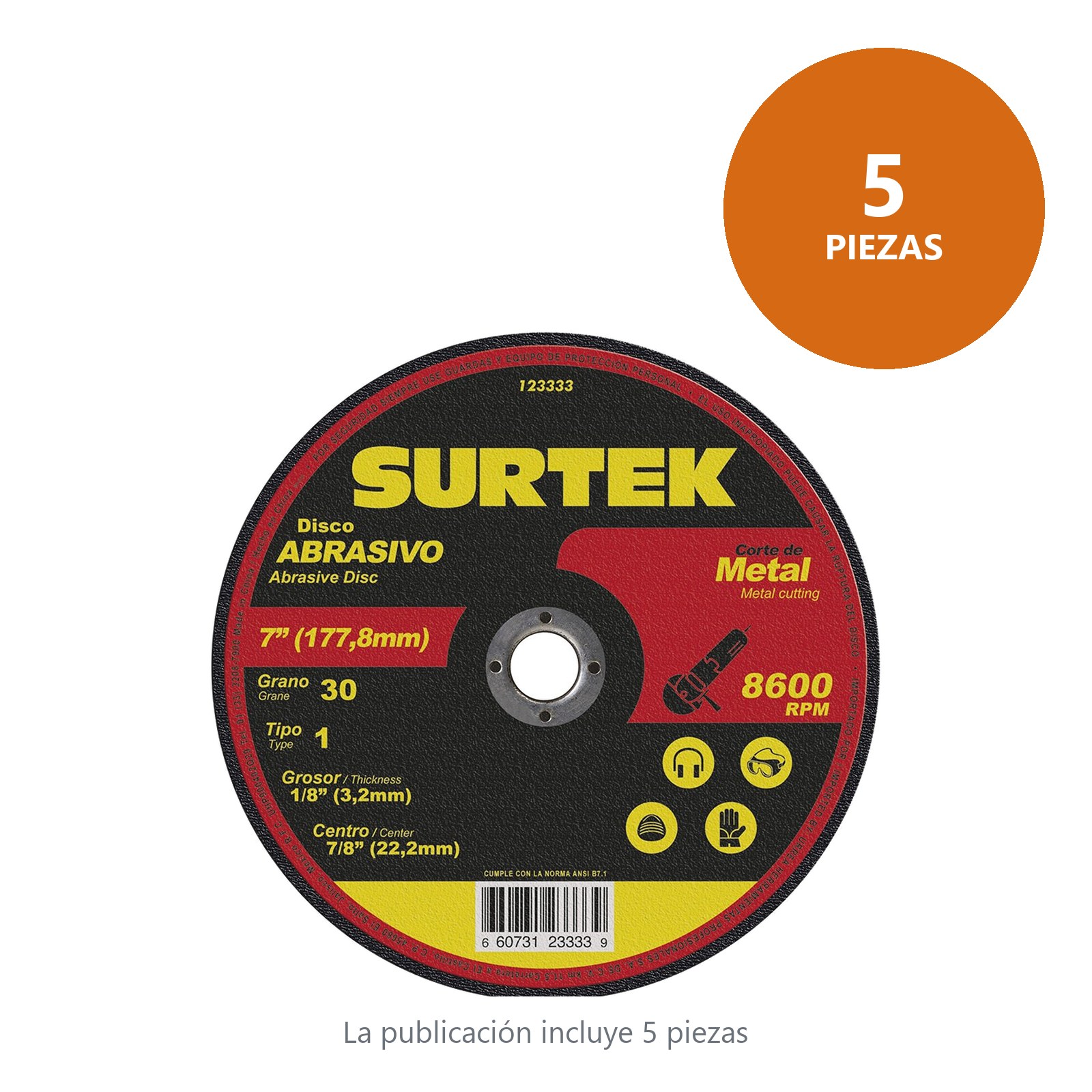 Disco abrasivo tipo 1 para metal 7" x 1/8" Surtek - Imagen 2