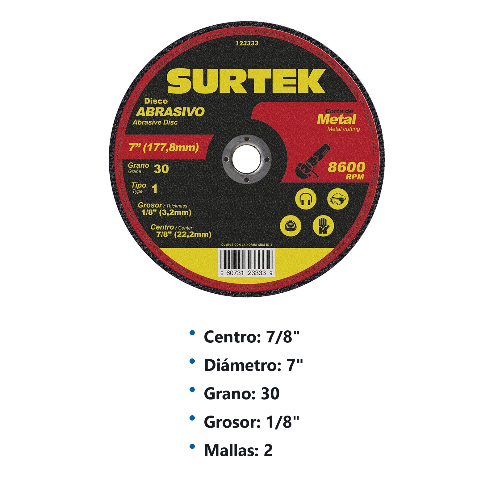 Disco abrasivo tipo 1 para metal 7" x 1/8" Surtek - Imagen 3
