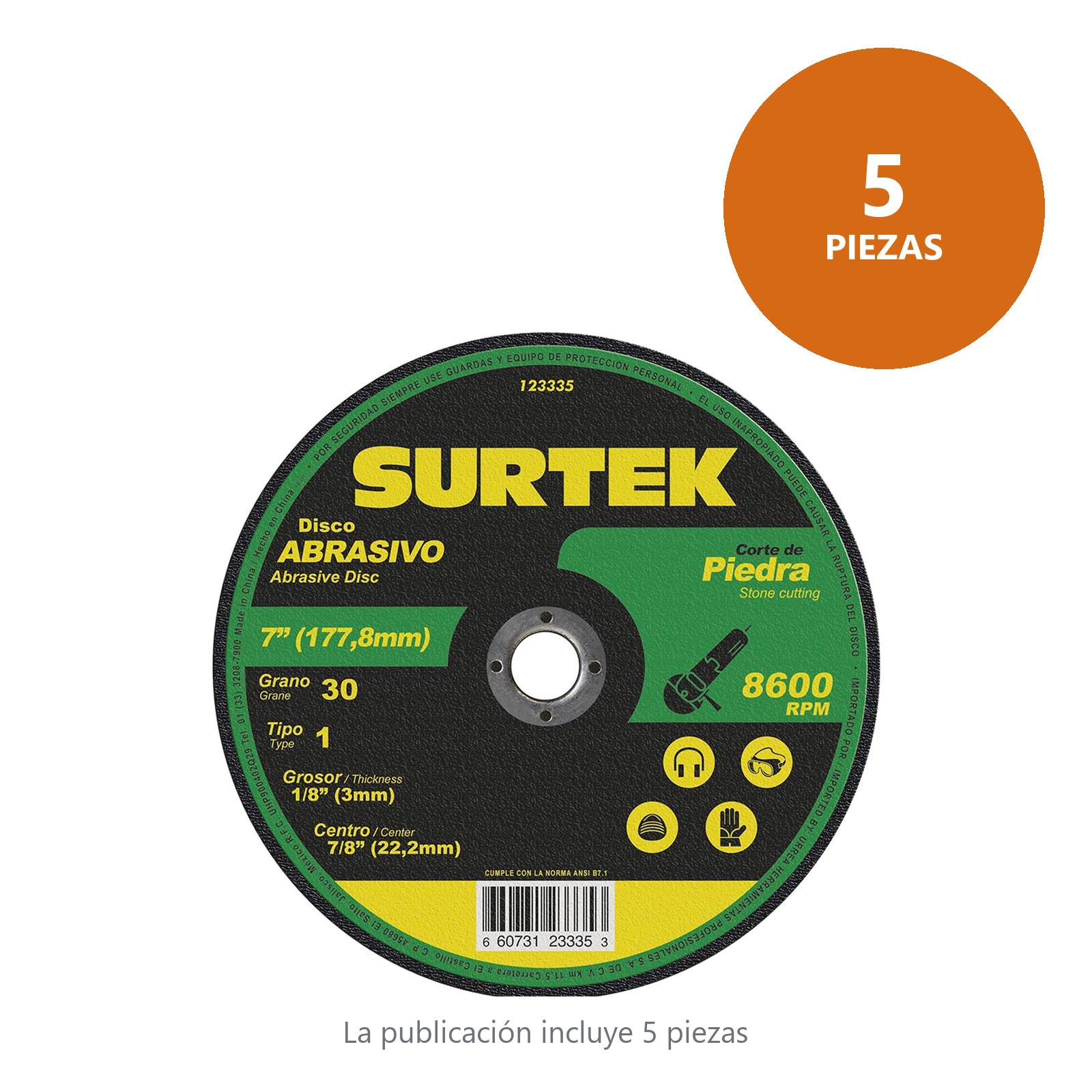 Disco abrasivo tipo 1 para piedra 7" x 9/64" Surtek - Imagen 2