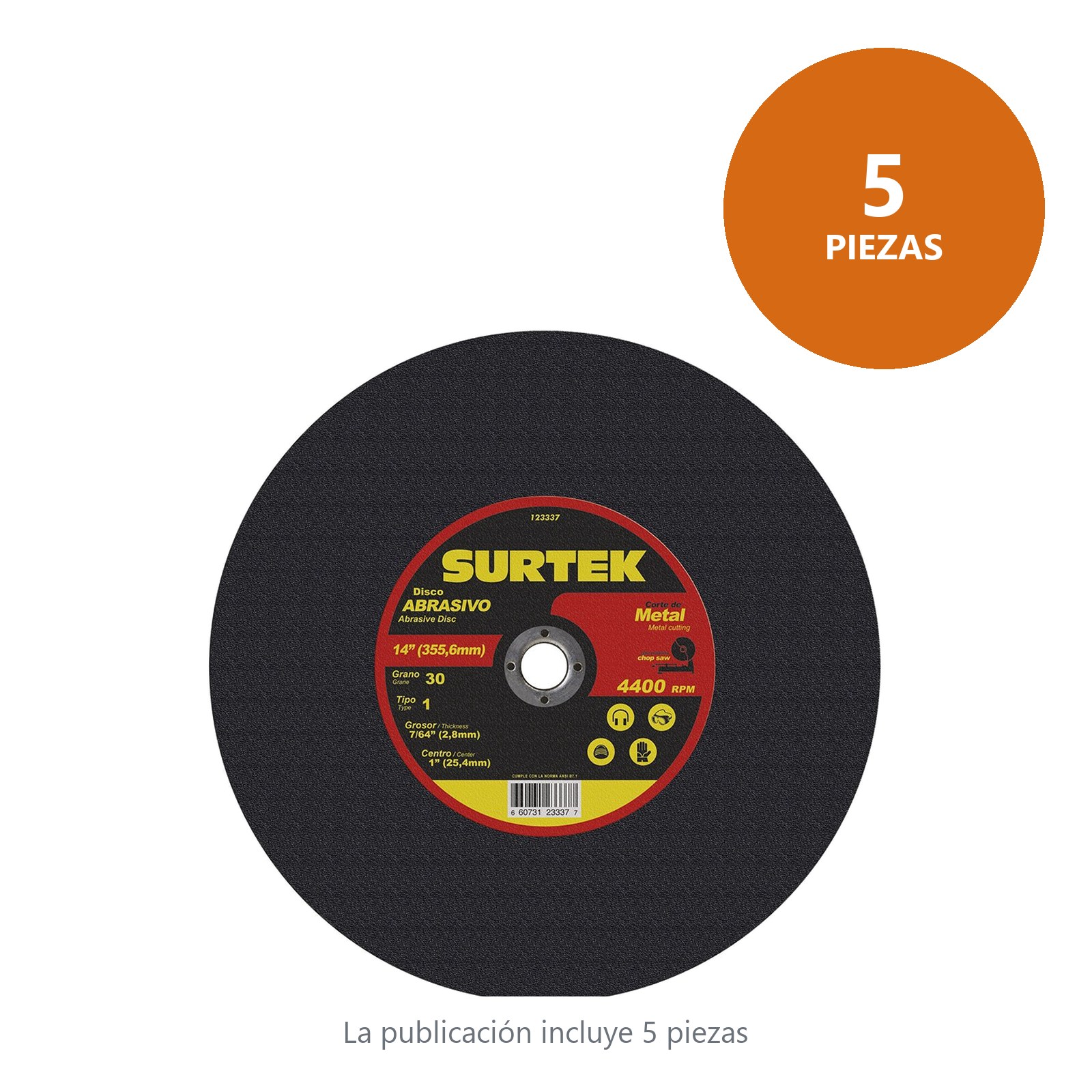 Disco abrasivo tipo 1 para metal 14" x 7/64" Surtek - Imagen 2