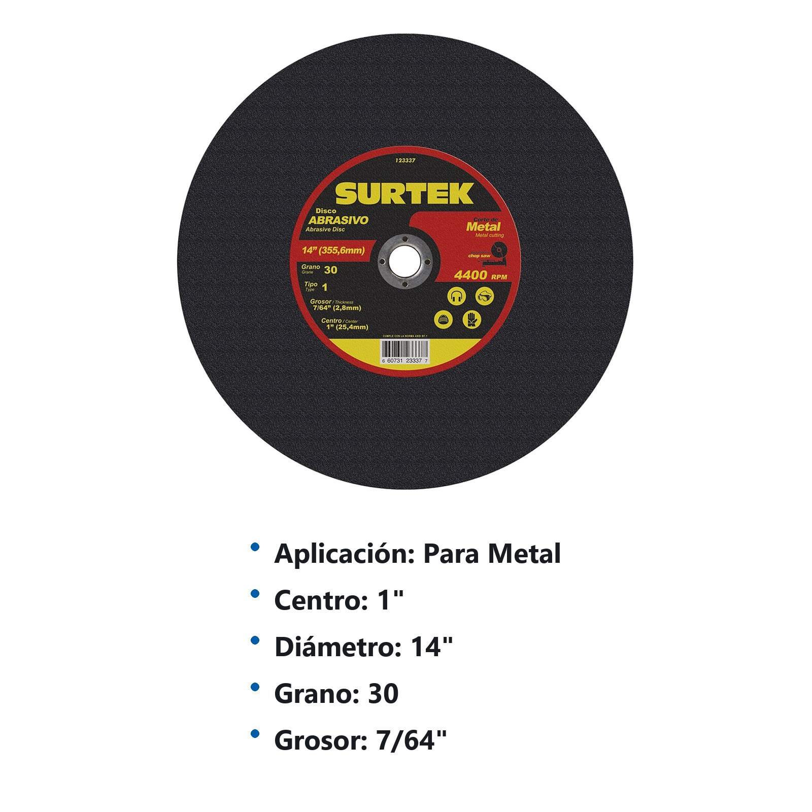 Disco abrasivo tipo 1 para metal 14" x 7/64" Surtek - Imagen 3