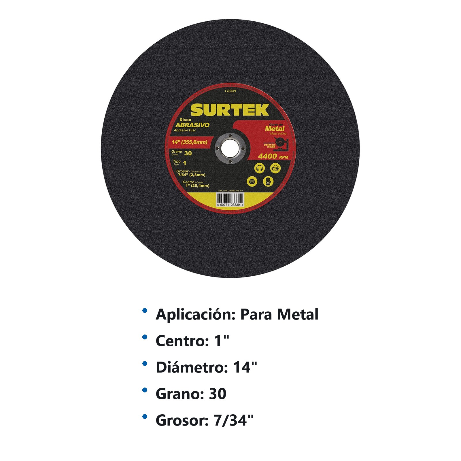 Disco abrasivo tipo 1 para metal 14" x 7/64" para máquina estacionaria Surtek - Imagen 3