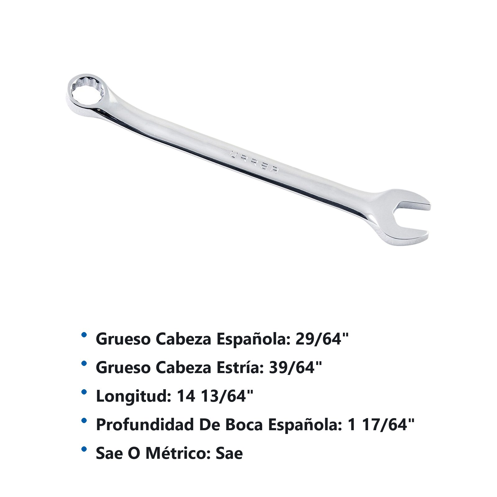 Llave combinada pulido espejo en pulgadas, 12 puntas, 1-1/16" Urrea - Imagen 2