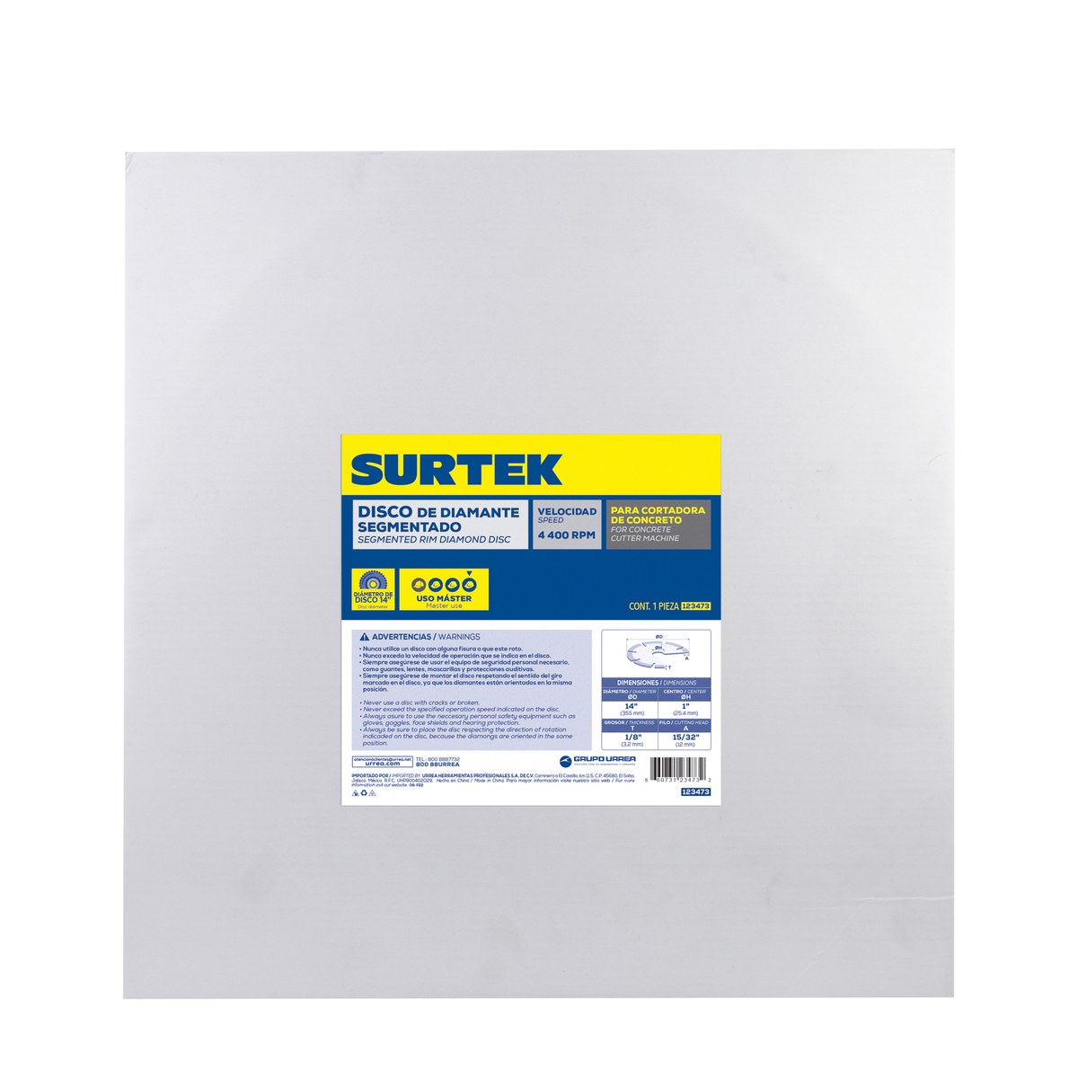 Disco de diamante para cortadora de concreto, 16" Surtek - Imagen 2