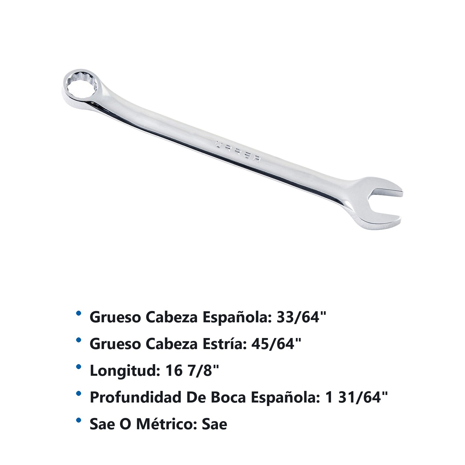 Llave combinada pulido espejo en pulgadas, 12 puntas, 1-1/4" Urrea - Imagen 2