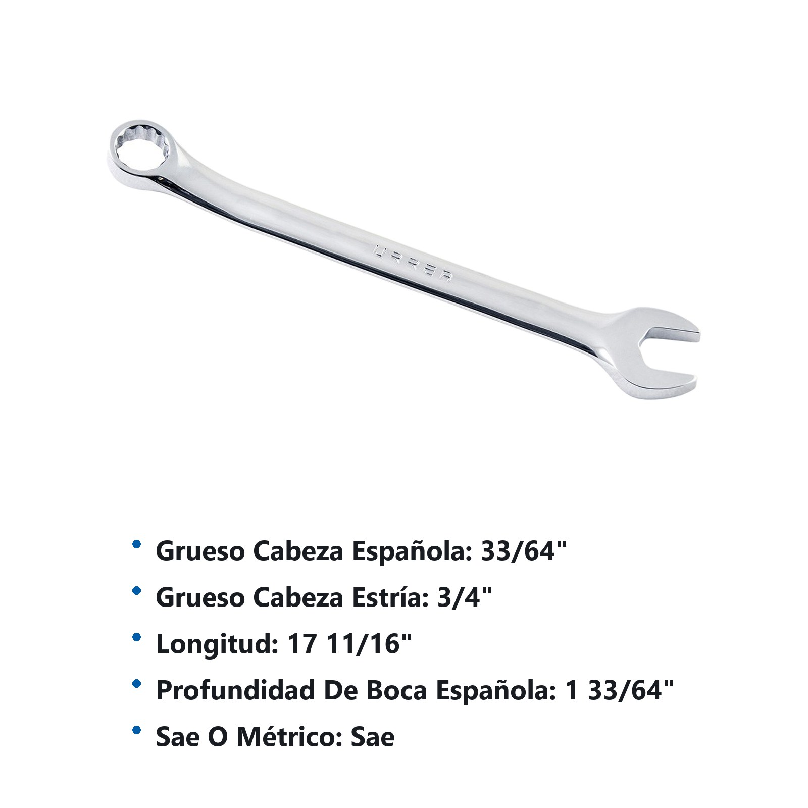 Llave combinada pulido espejo en pulgadas, 12 puntas, 1-5/16" Urrea - Imagen 2