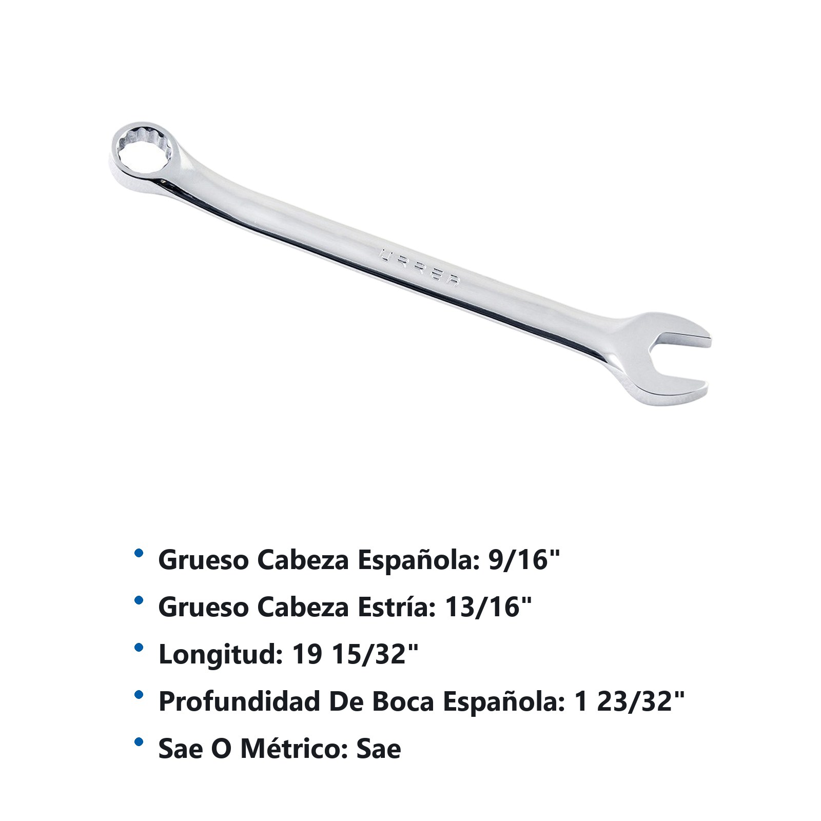 Llave combinada pulido espejo en pulgadas, 12 puntas, 1-7/16" Urrea - Imagen 2