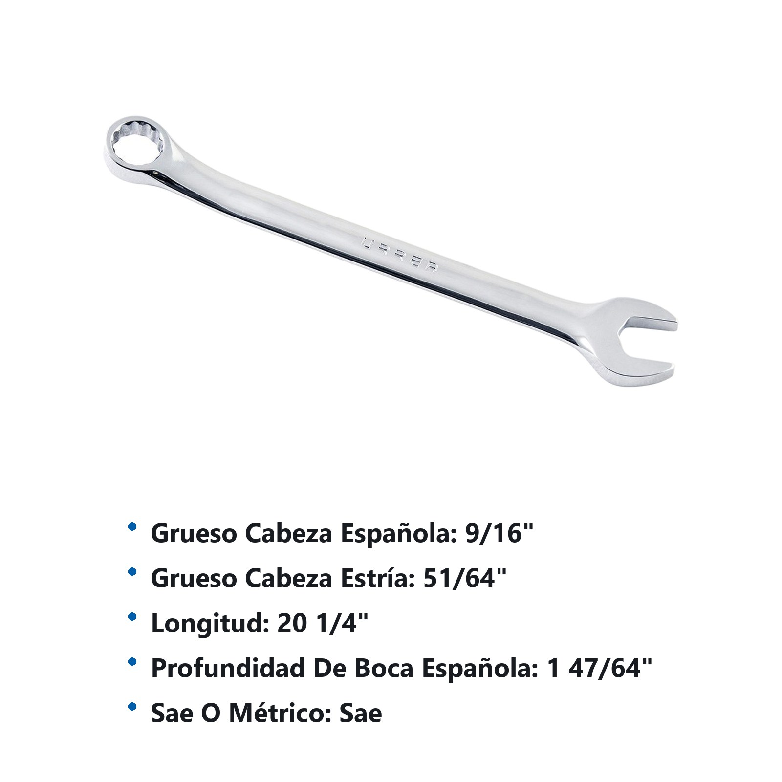 Llave combinada pulido espejo en pulgadas, 12 puntas, 1-1/2" Urrea - Imagen 2