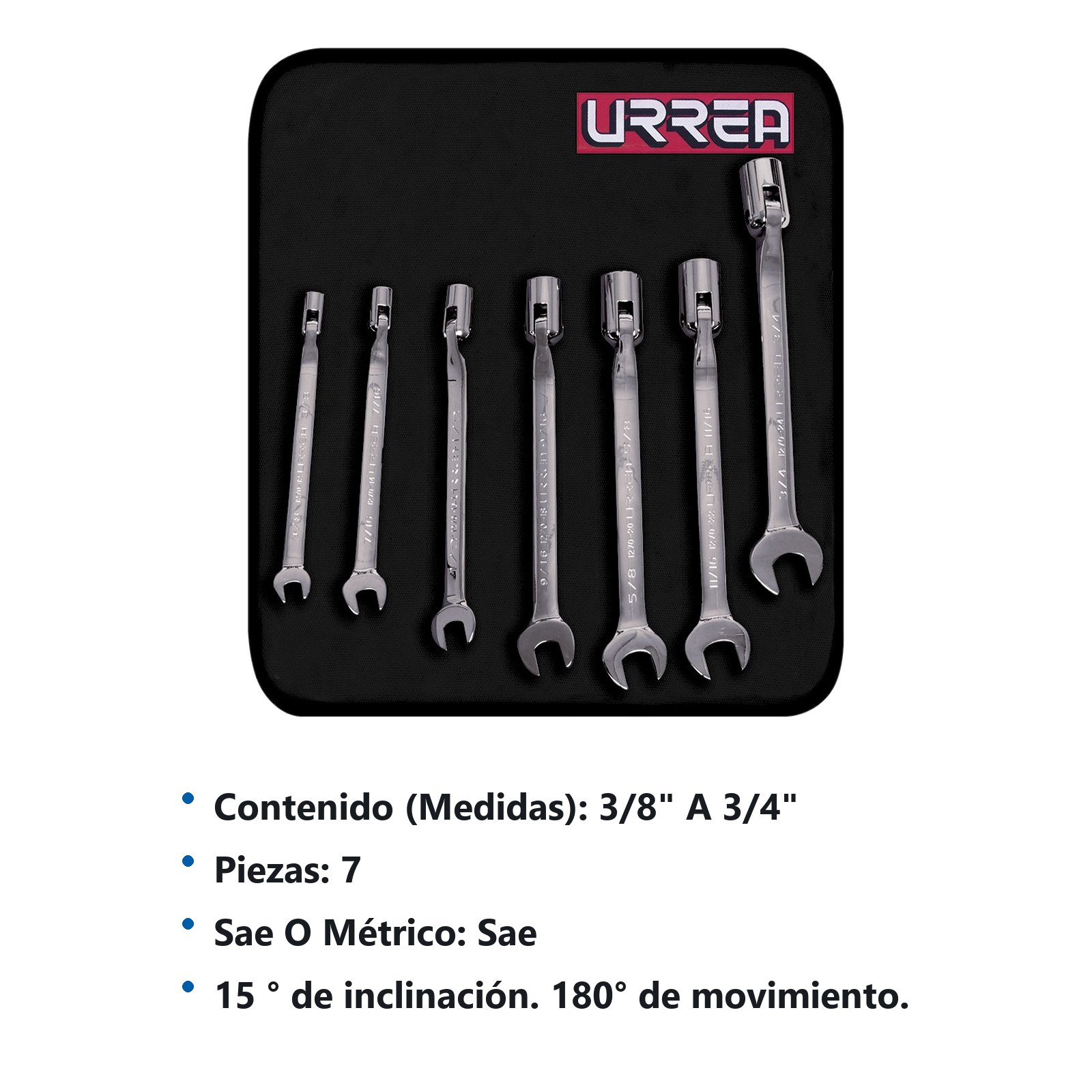 Juego de llaves combinadas flexibles pulido espejo en pulgadas, 12 puntas, 7 pz en estuche Urrea - Imagen 3