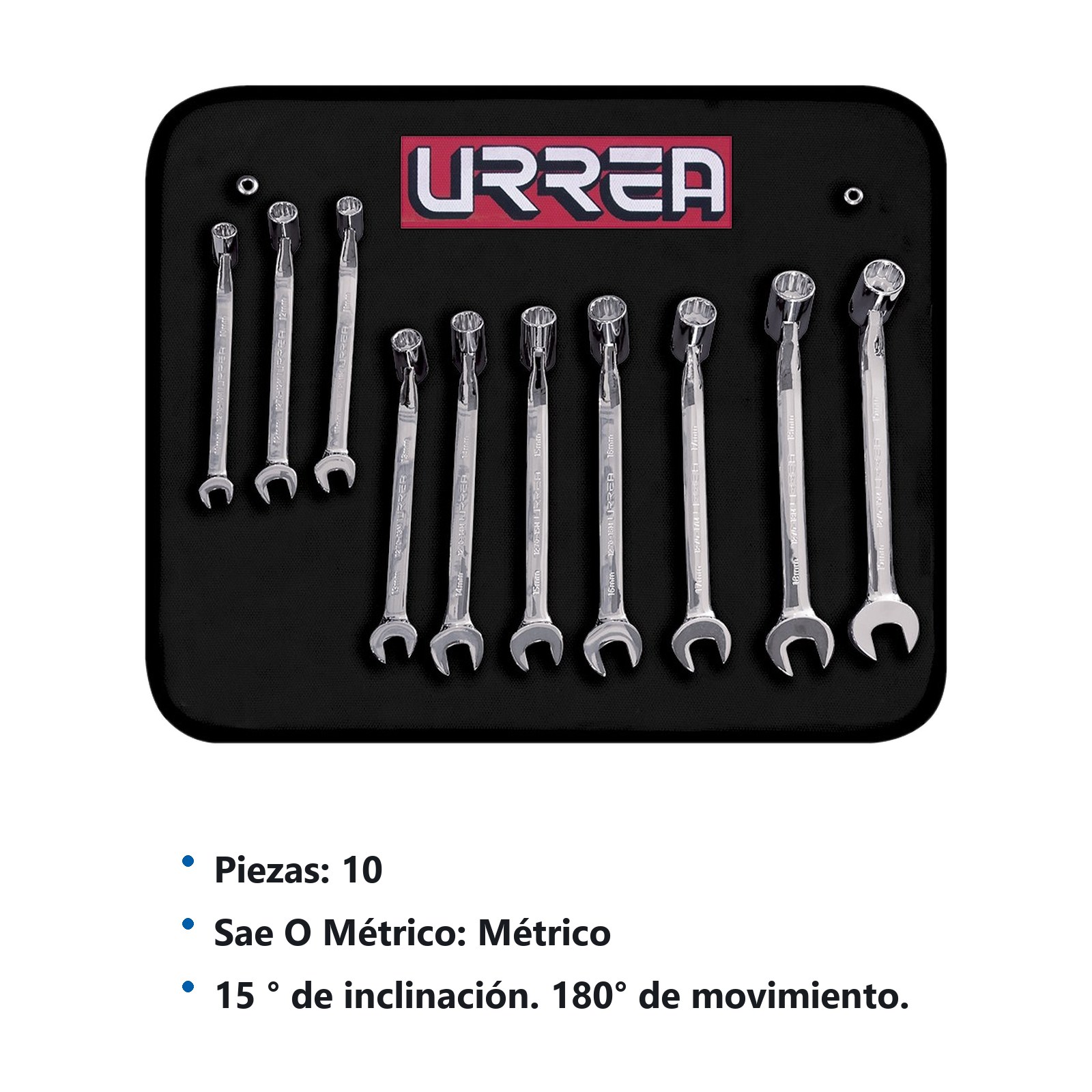 Juego de llaves combinadas flexibles pulido espejo métricas, 12 puntas, 10 pz en estuche Urrea - Imagen 3