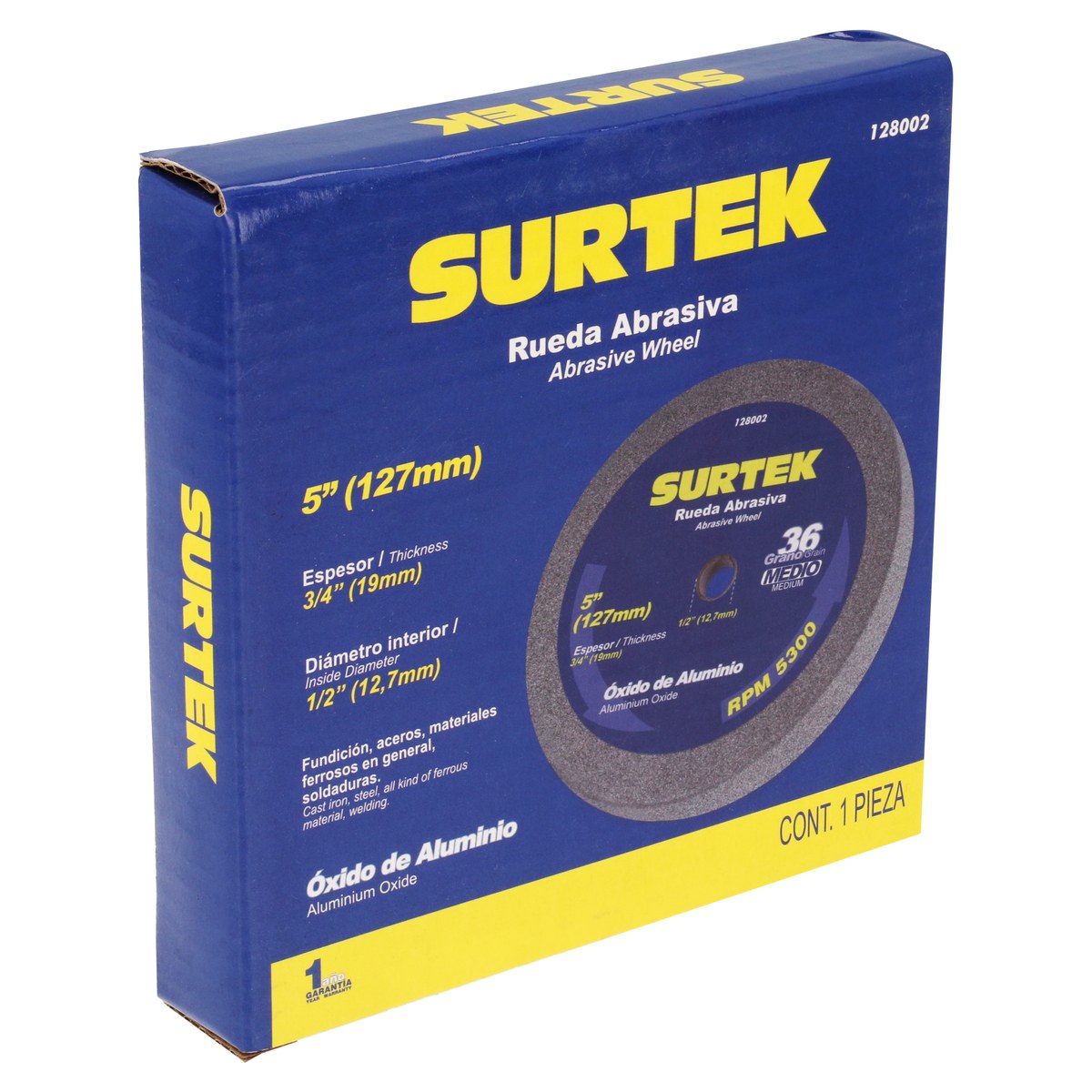 Rueda abrasiva de óxido de aluminio grano 36, 5" x 3/4" Surtek - Imagen 2