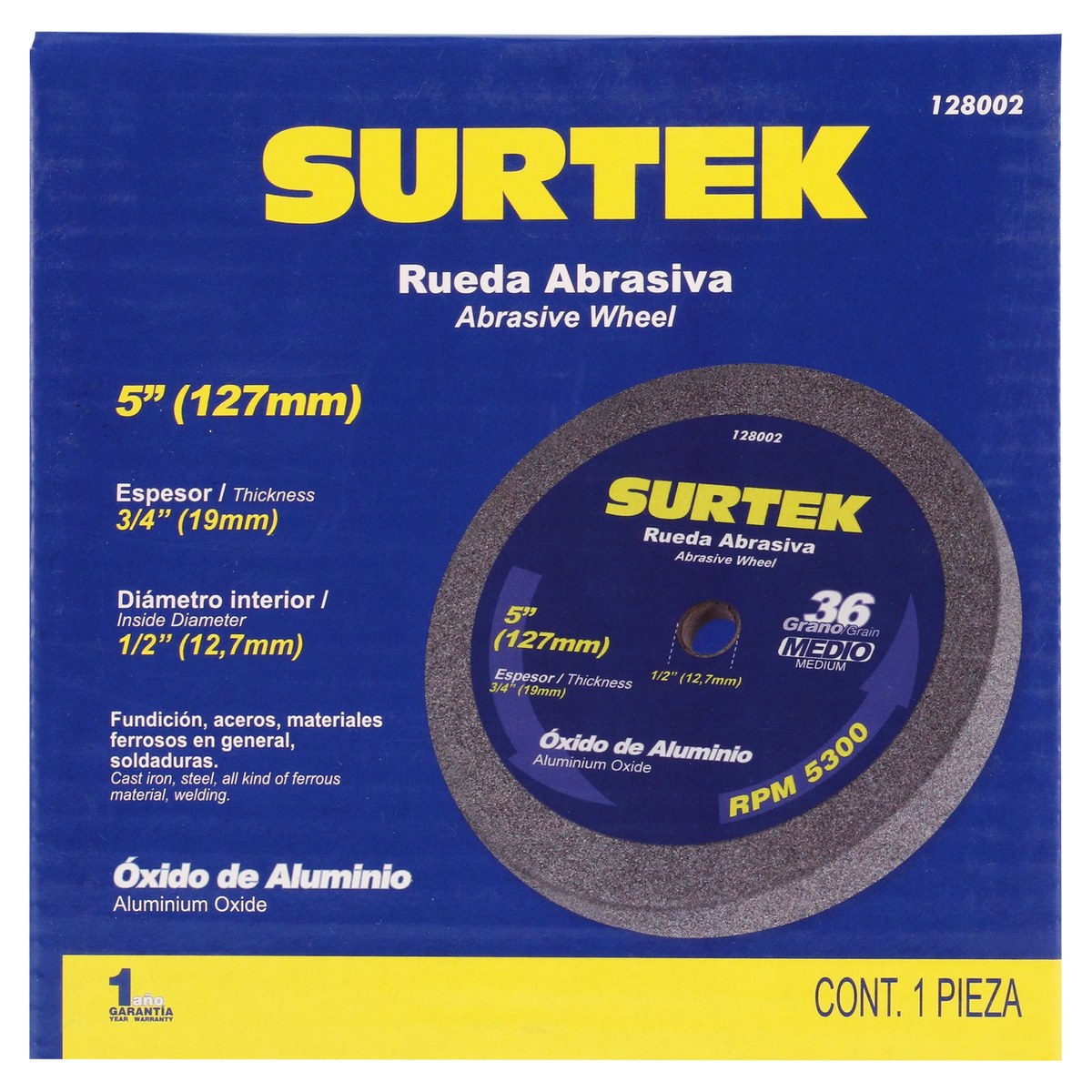 Rueda abrasiva de óxido de aluminio grano 36, 5" x 3/4" Surtek - Imagen 3