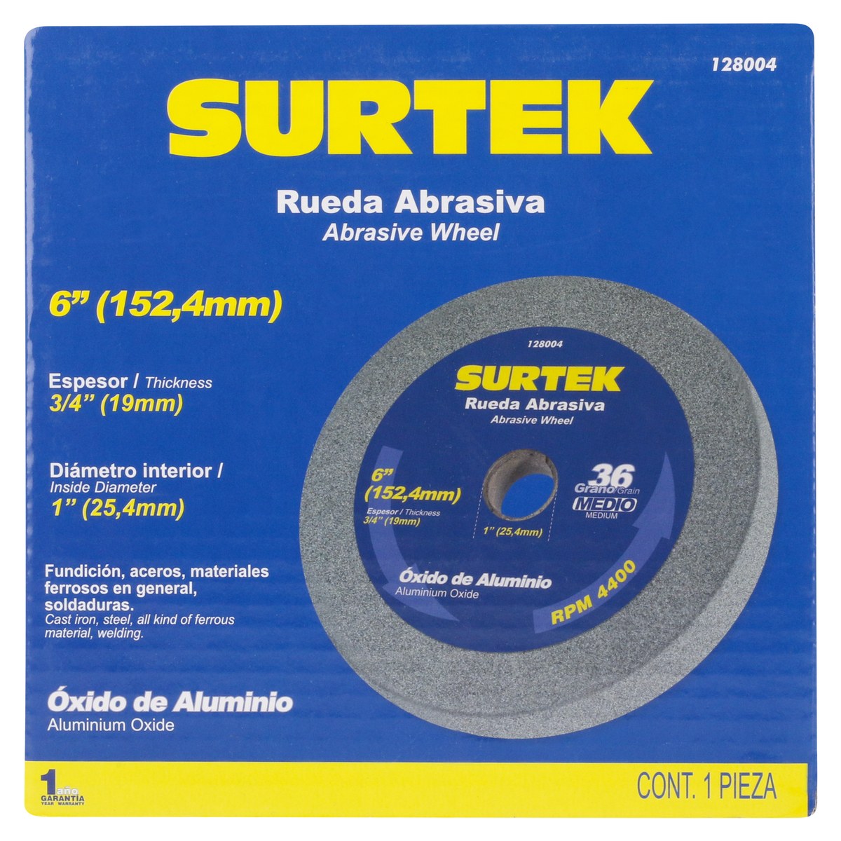 Rueda abrasiva de óxido de aluminio grano 36, 6" x 3/4" Surtek - Imagen 3