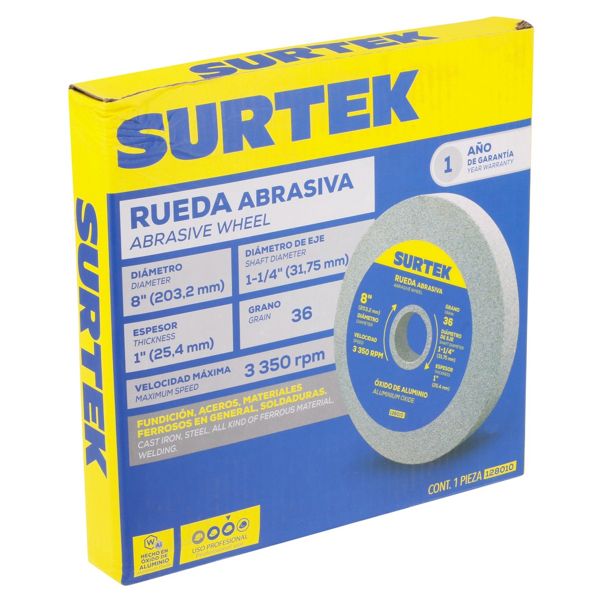 Rueda abrasiva de óxido de aluminio grano 36, 8" x 1" Surtek - Imagen 2