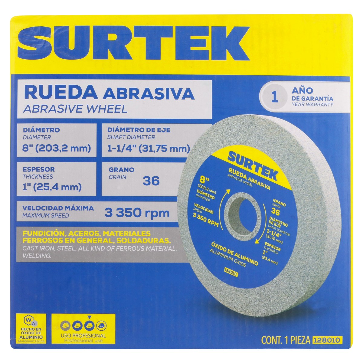 Rueda abrasiva de óxido de aluminio grano 36, 8" x 1" Surtek - Imagen 3